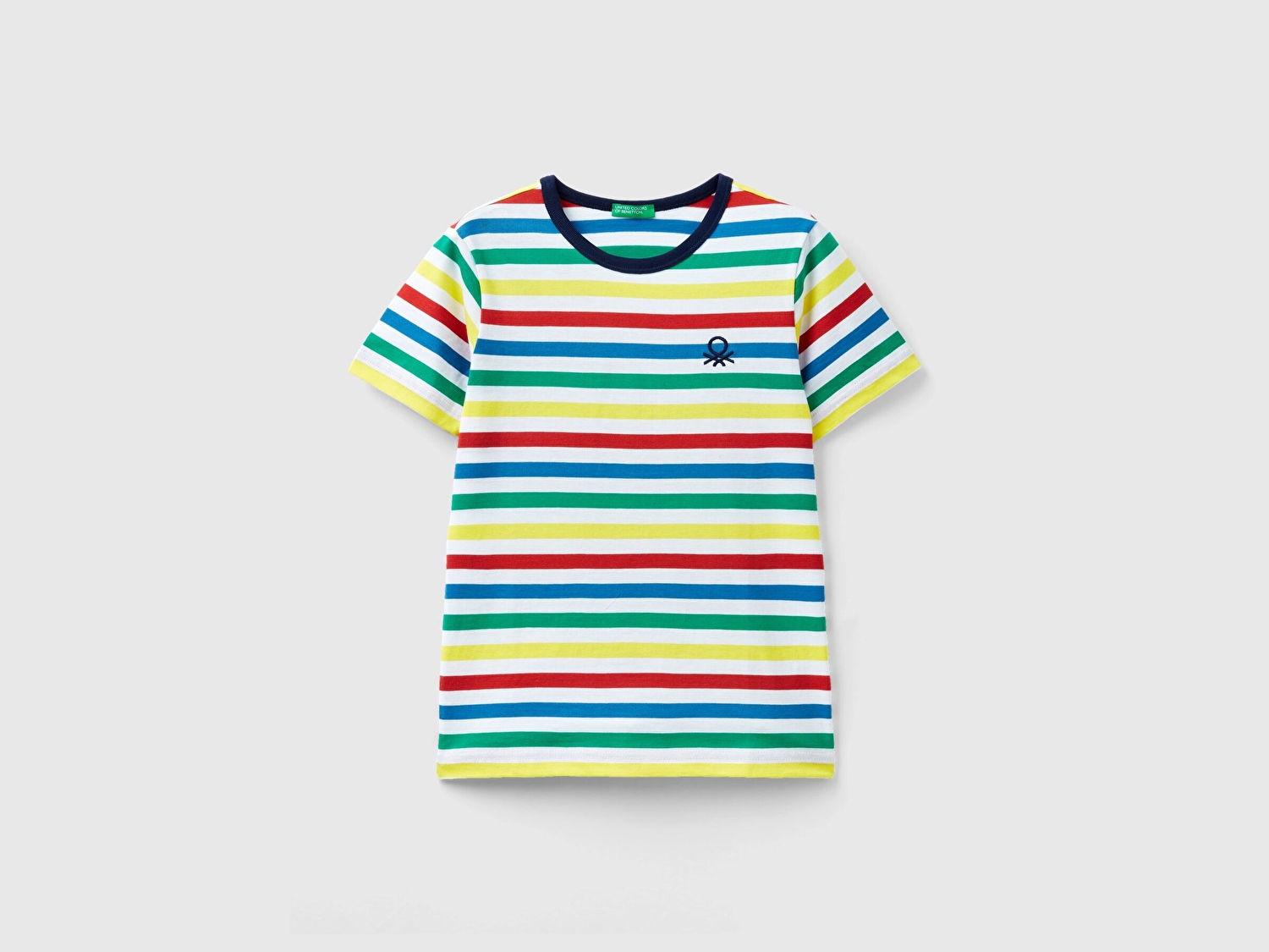 Benetton Erkek Çocuk Renkli Mix Logo İşlemeli Yatay Çizgili Bisiklet Yaka T-Shirt