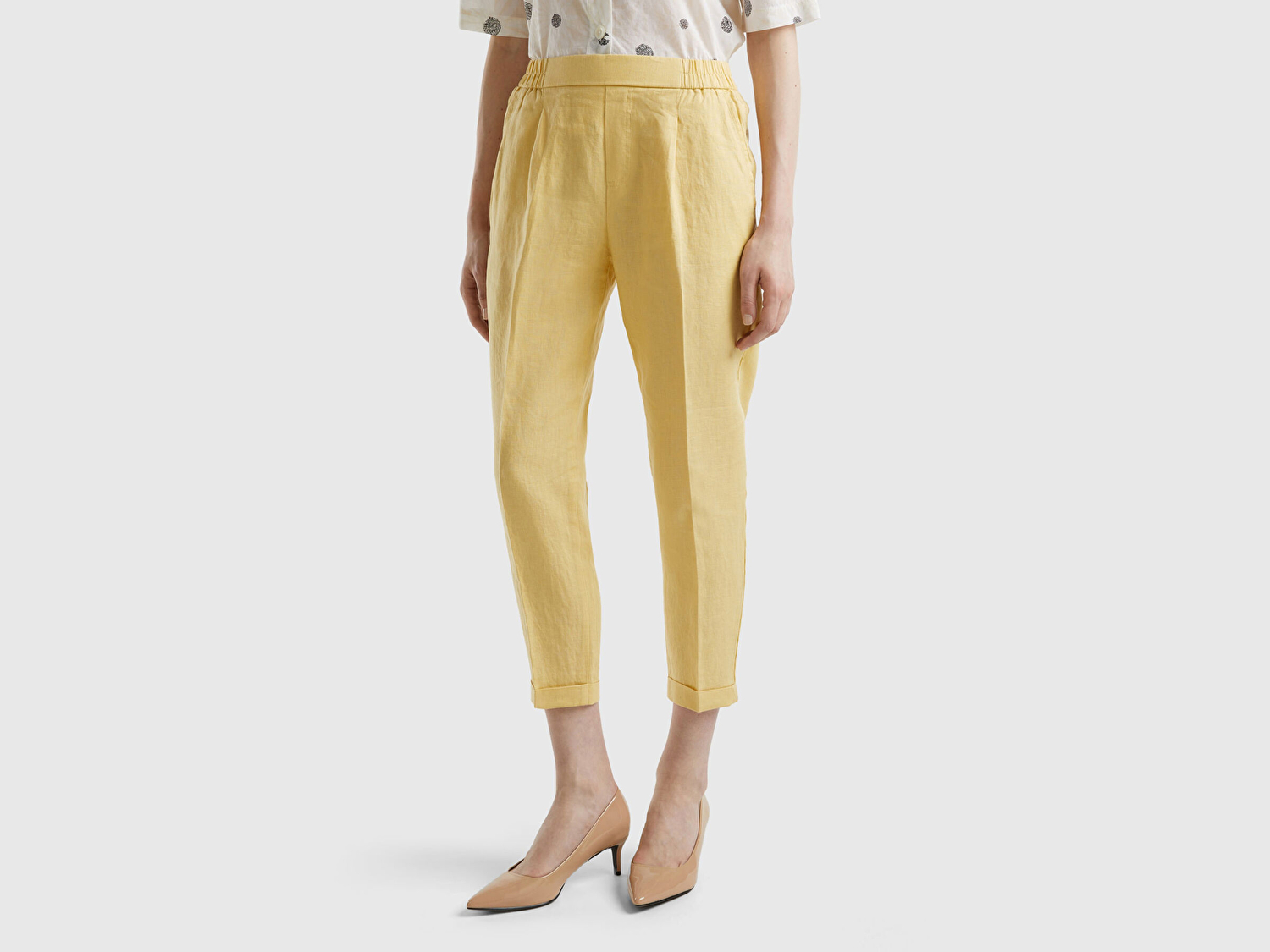 Benetton Kadın Açık Sarı %100 Keten Beli Lastikli Pantolon
