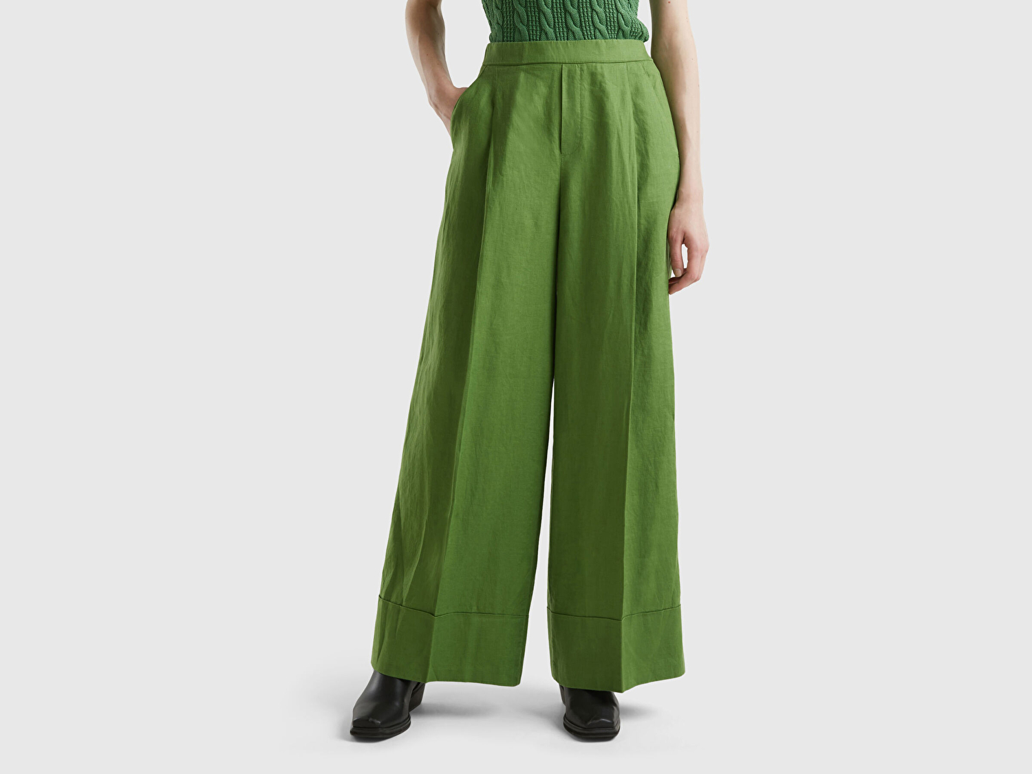 Benetton Kadın Soluk Yeşil %100 Keten Beli Lastikli Geniş Kesim Pantolon