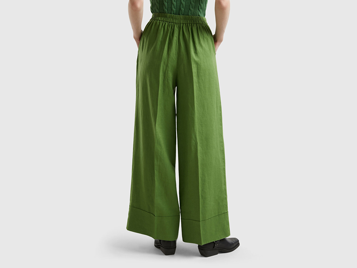 Benetton Kadın Soluk Yeşil %100 Keten Beli Lastikli Geniş Kesim Pantolon