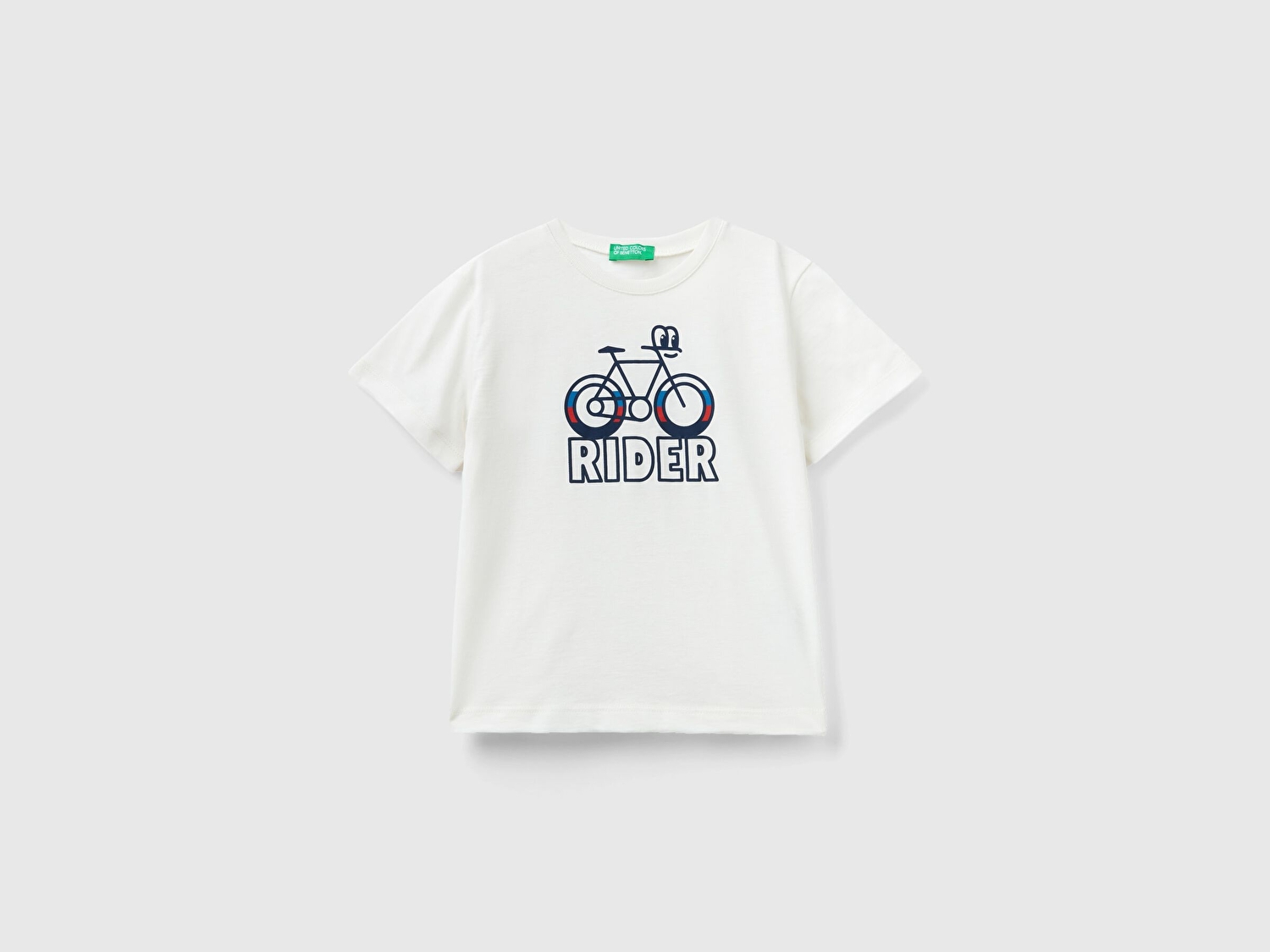 Benetton Erkek Çocuk Krem Önü Kabarık Baskılı Bisiklet Yaka T-Shirt