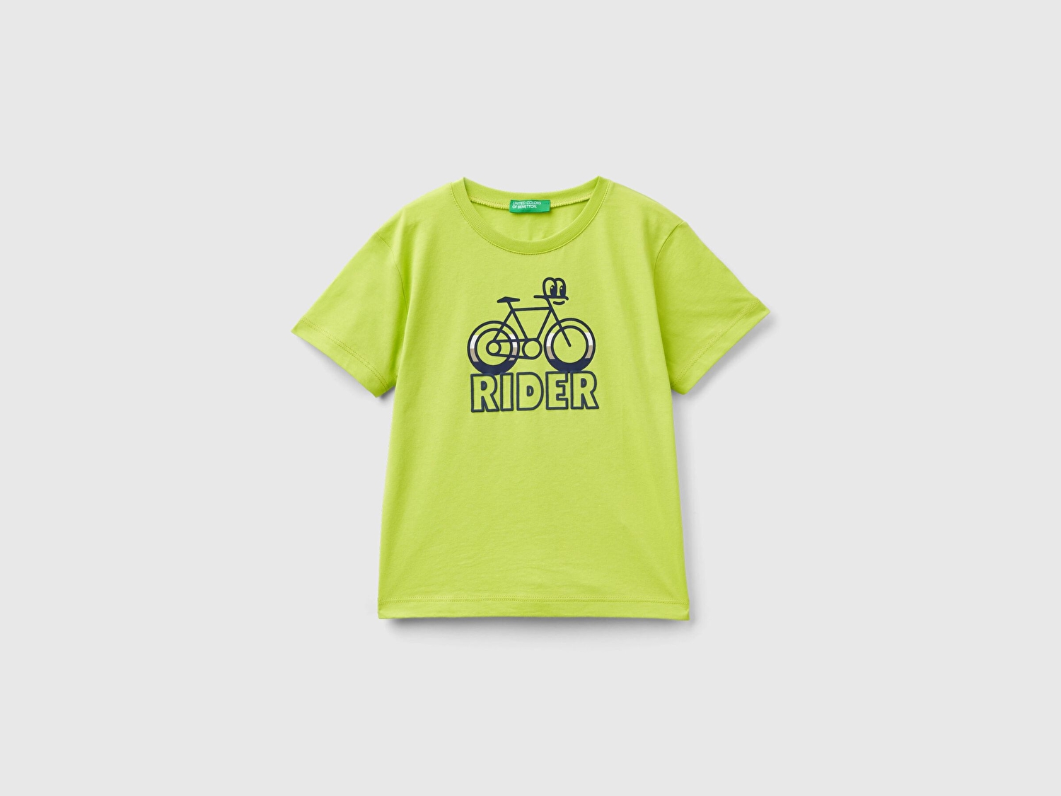 Benetton Erkek Çocuk Neon Yeşil Önü Kabarık Baskılı Bisiklet Yaka T-Shirt