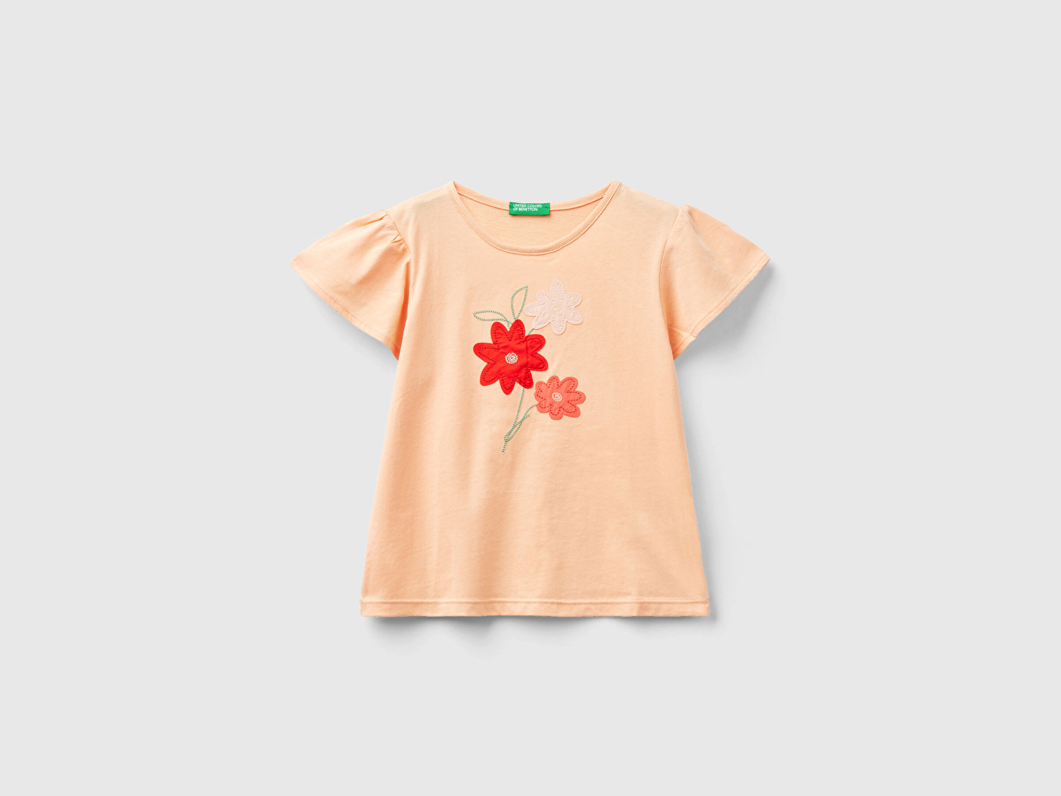 Benetton Kız Çocuk Şeftali Önü Nakış İşlemeli Çan Kollu T-Shirt