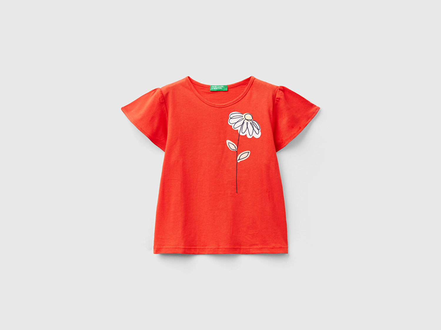 Benetton Kız Çocuk Kırmızı Önü Nakış İşlemeli Çan Kollu T-Shirt
