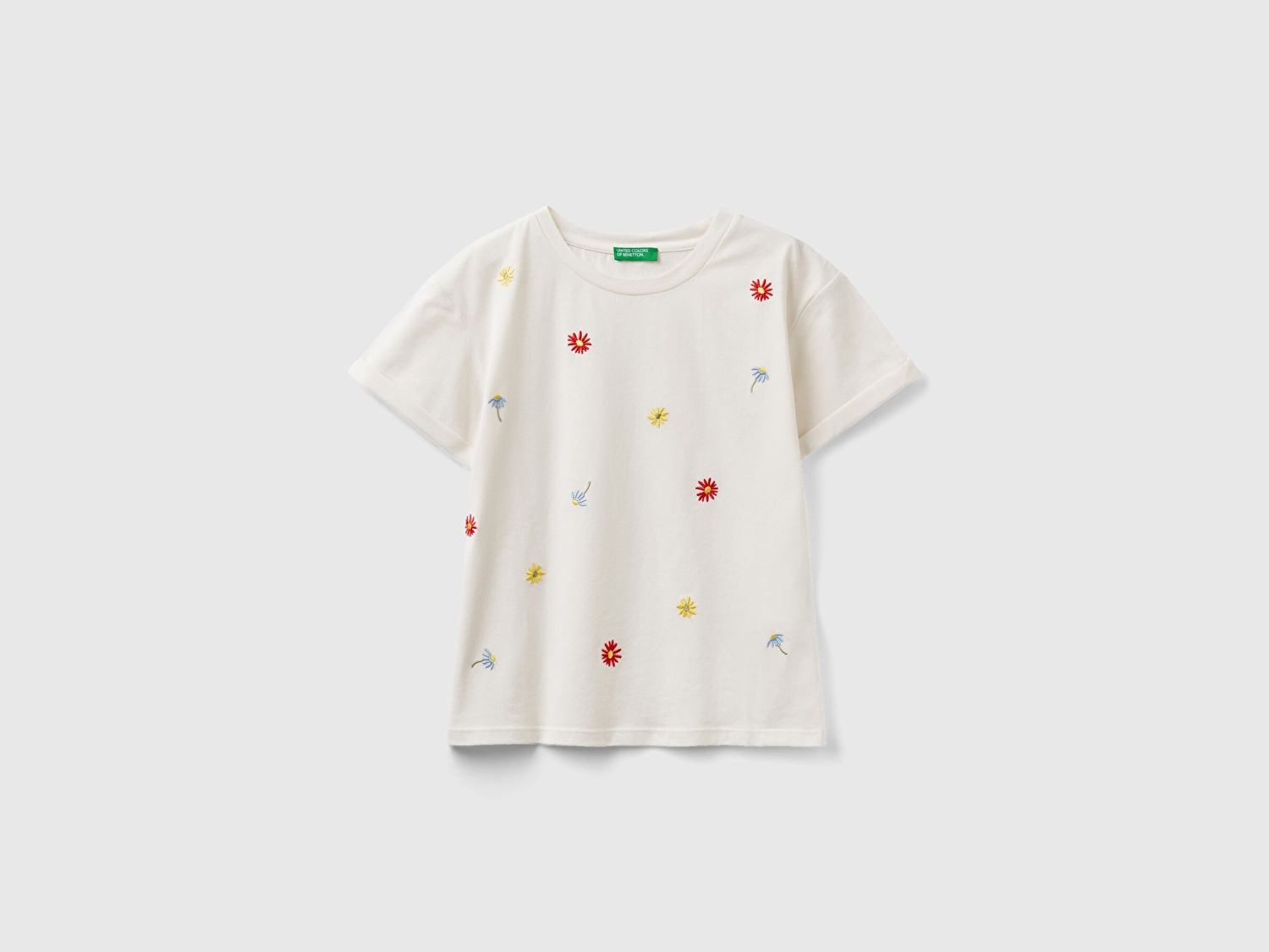Benetton Kız Çocuk Krem Çiçek İşlemeli T-Shirt