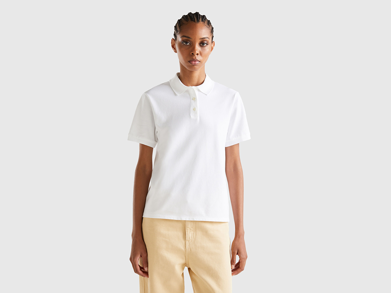 Benetton Kadın Beyaz Streç Pamuklu Sol Altı Logo Baskılı Polo T-Shirt