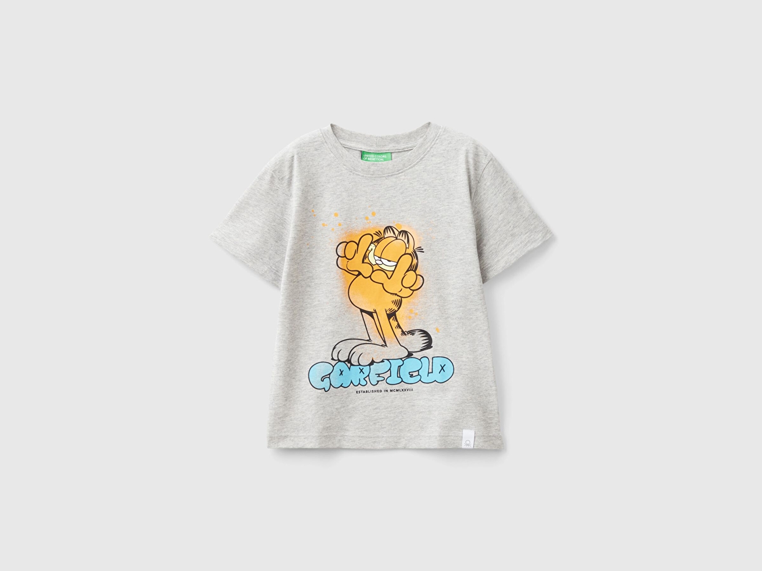 Benetton Erkek Çocuk Gri Melanj Önü Garfield Baskılı Rahat Kalıp Bisiklet Yaka T-Shirt