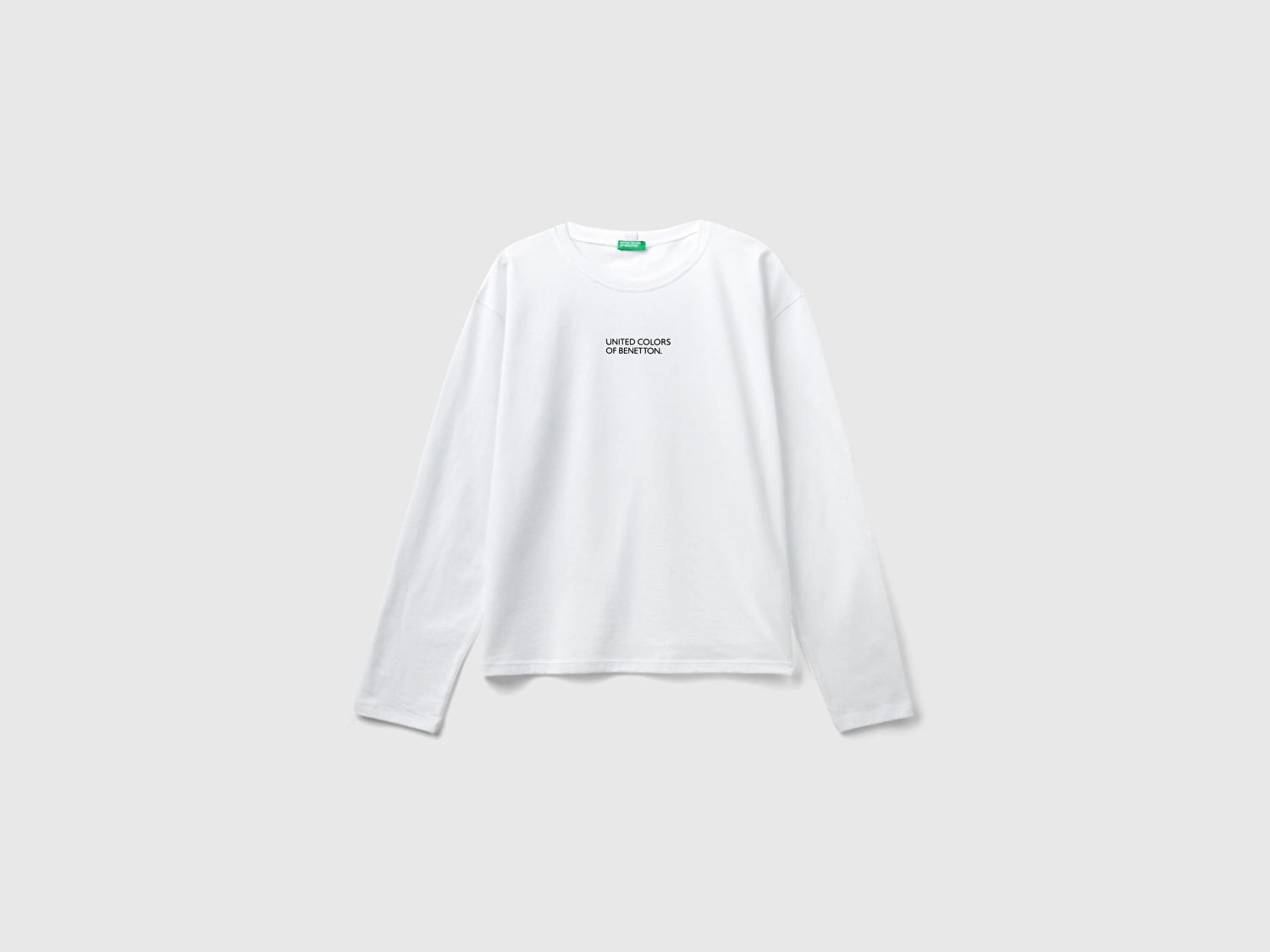 Benetton Kadın Beyaz %100 Pamuk Önü Logo Baskılı Bisiklet Yaka Uzun Kollu T-Shirt