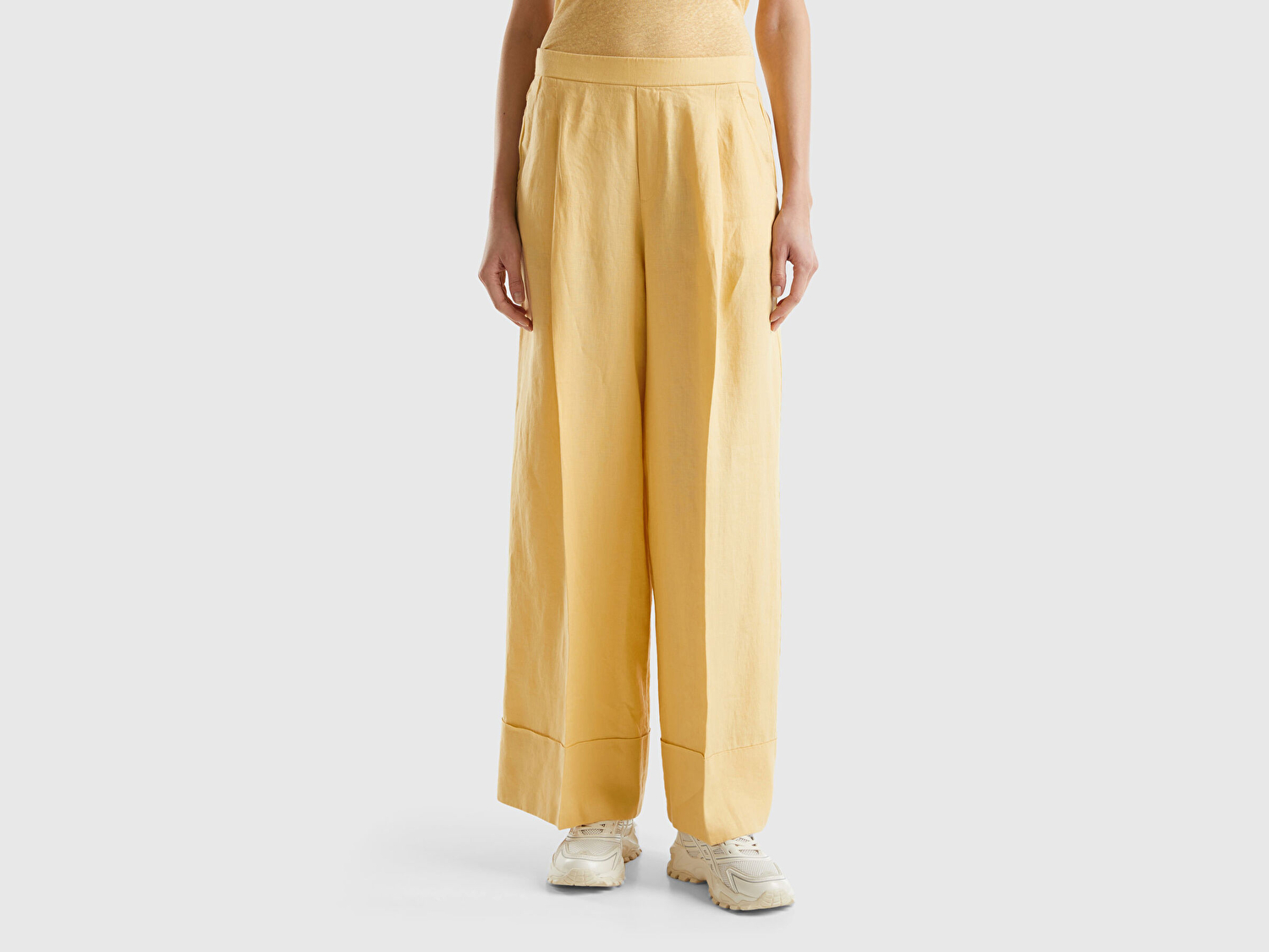 Benetton Kadın Açık Sarı %100 Keten Beli Lastikli Geniş Kesim Pantolon