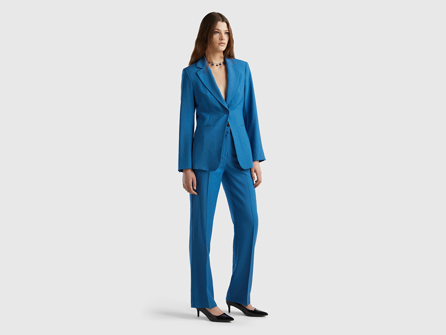 Benetton Kadın Koyu Mavi Viskoz Karışımlı Slim Fit Blazer Ceket