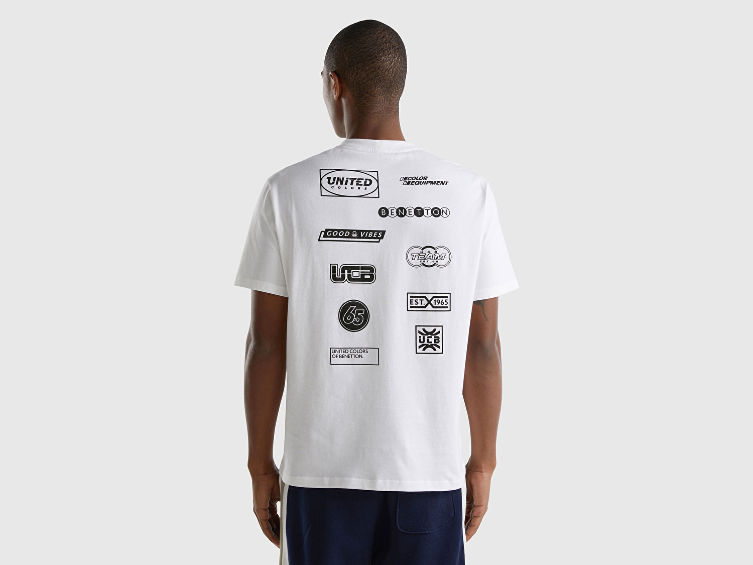 Benetton Erkek Beyaz %100 Pamuk Önü ve Arkası Logo Baskılı Bisiklet Yaka T-Shirt