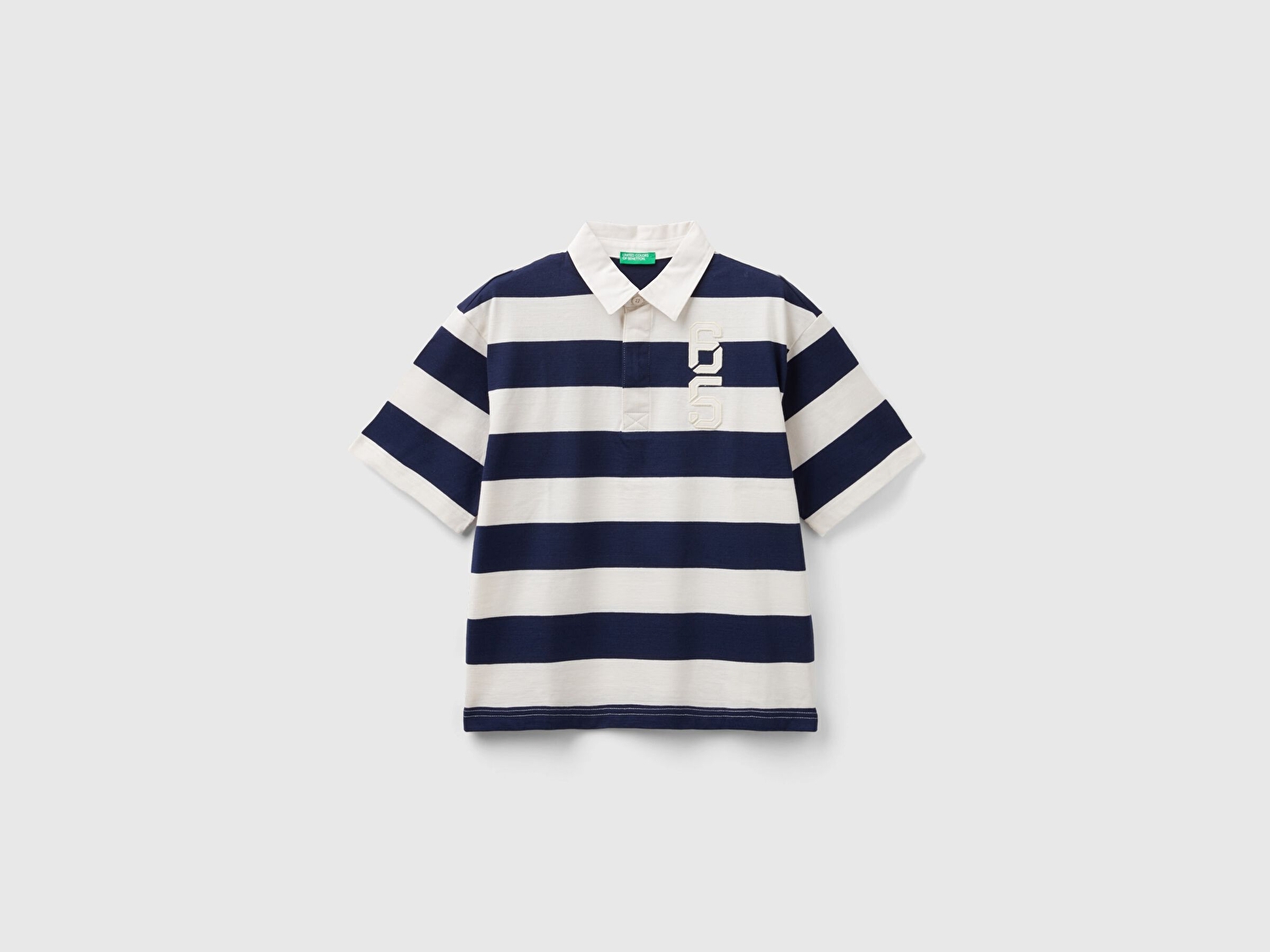 Benetton Erkek Çocuk Lacivert-Beyaz Sol Göğsü ve Arkası İşlemeli Oversize Rugby Polo T-Shirt