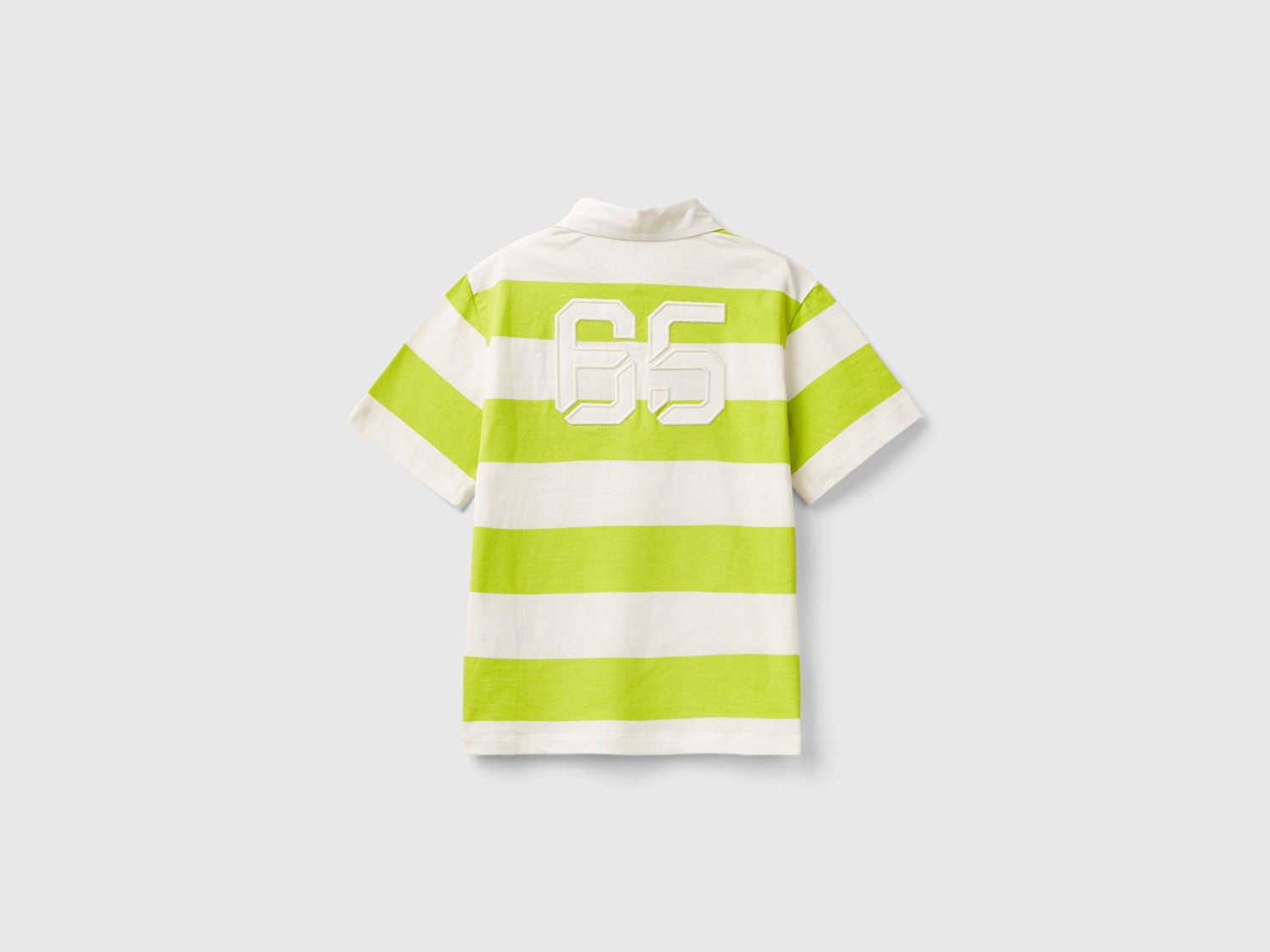 Benetton Erkek Çocuk Yeşil-Krem Logo İşlemeli ve Aplikeli Yatay Çizgili Polo T-Shirt