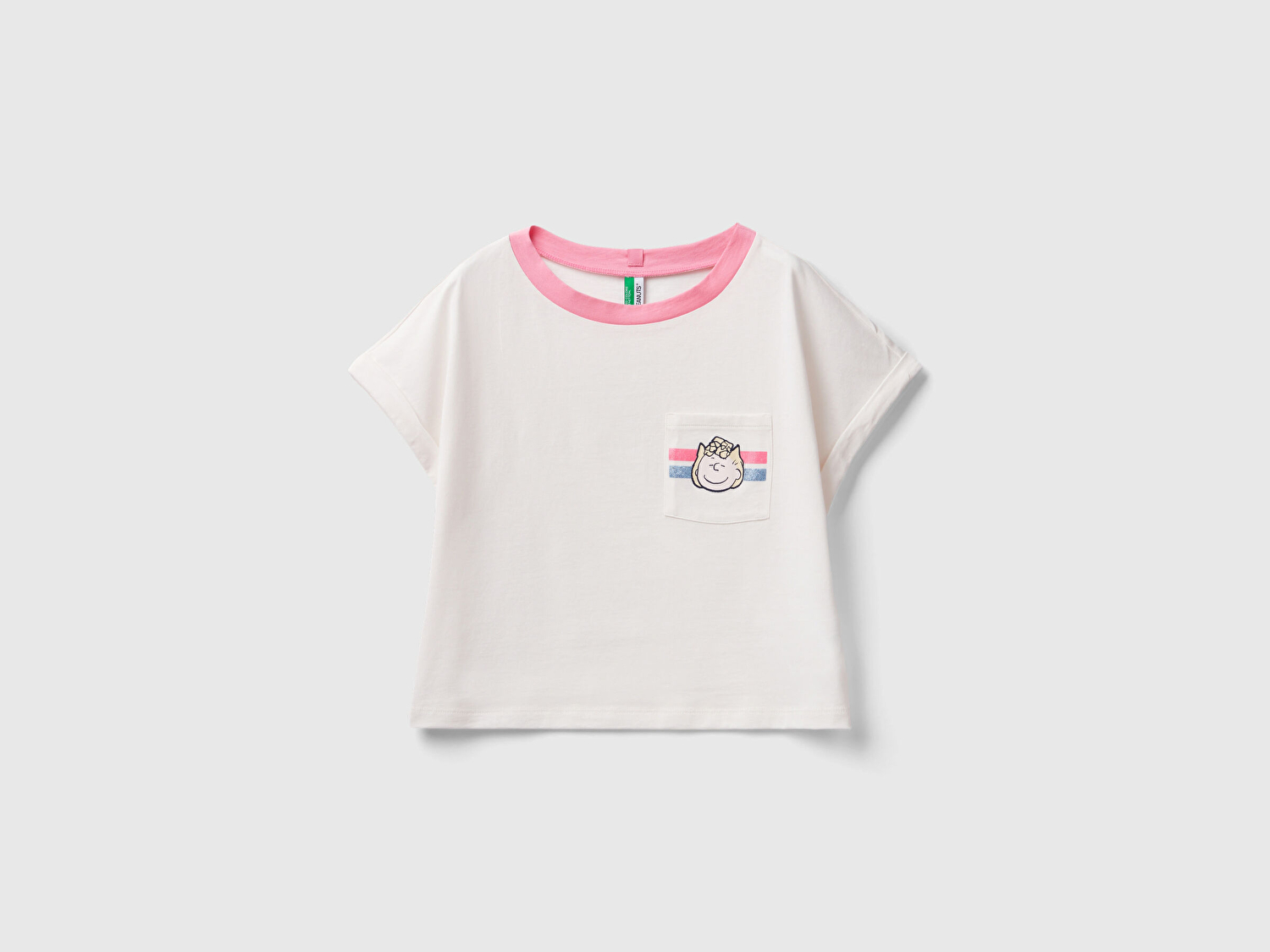 Benetton Kadın Krem %100 Pamuk Peanuts Baskılı Yama Cepli Bisiklet Yaka T-Shirt