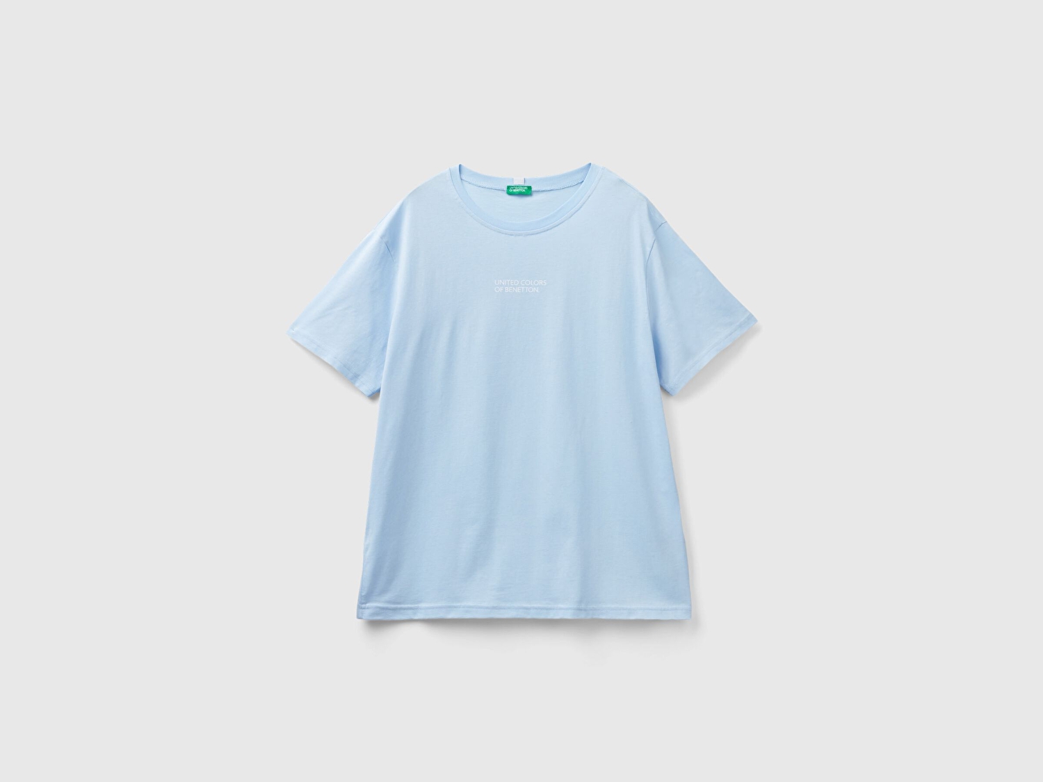 Benetton Erkek Açık Mavi %100 Pamuk Önü Logo Baskılı Dikişli Bisiklet Yaka T-Shirt