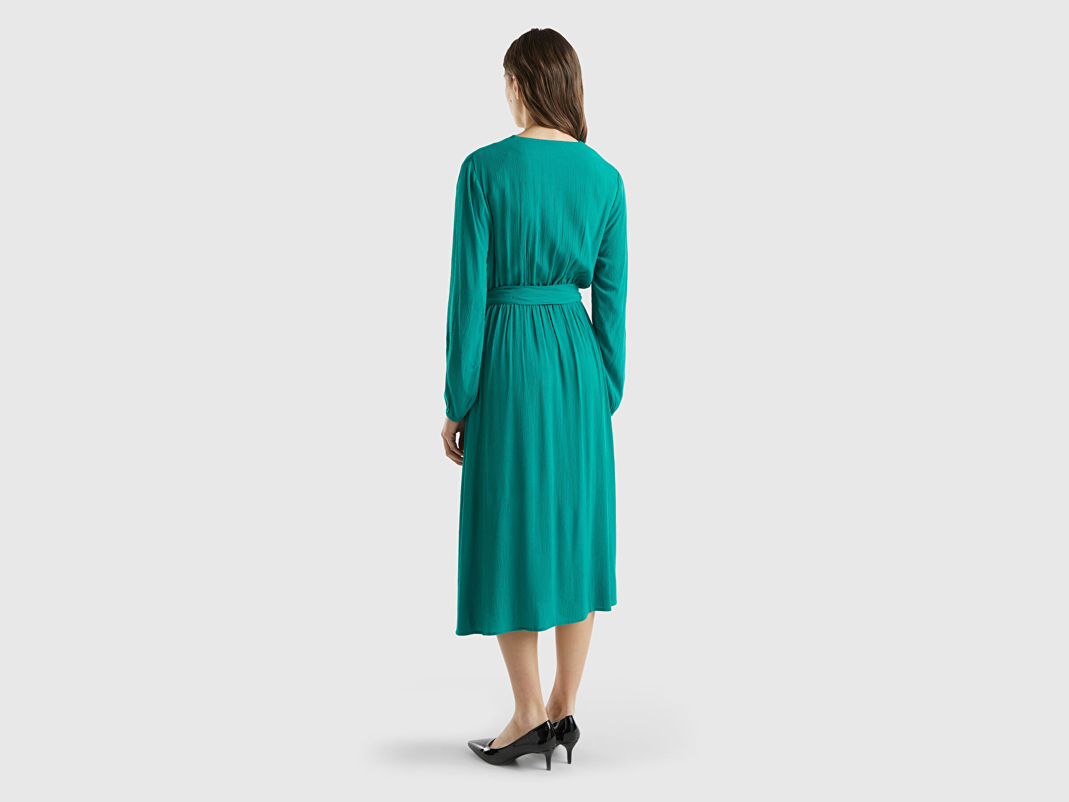 Benetton Kadın Petrol Yeşili %100 Viskoz Beli Kuşaklı Uzun Kollu Kruvaze Elbise