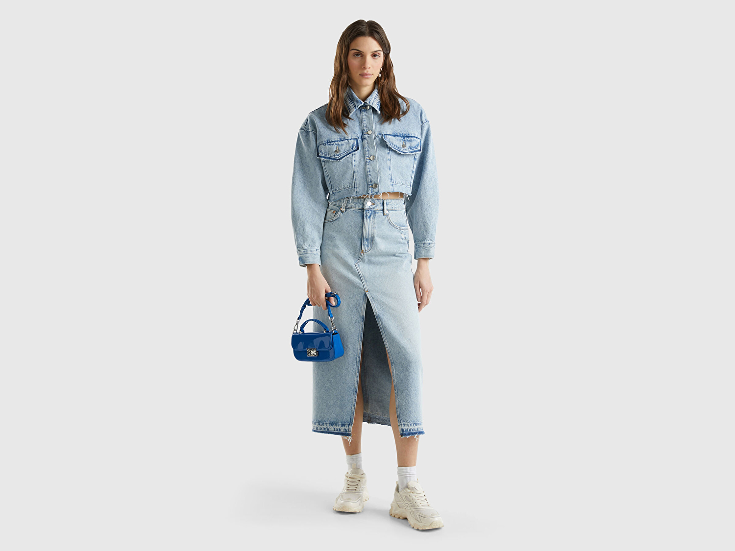 Benetton Kadın Mavi %100 Pamuk Yama Cepli Crop Kesim Denim Ceket