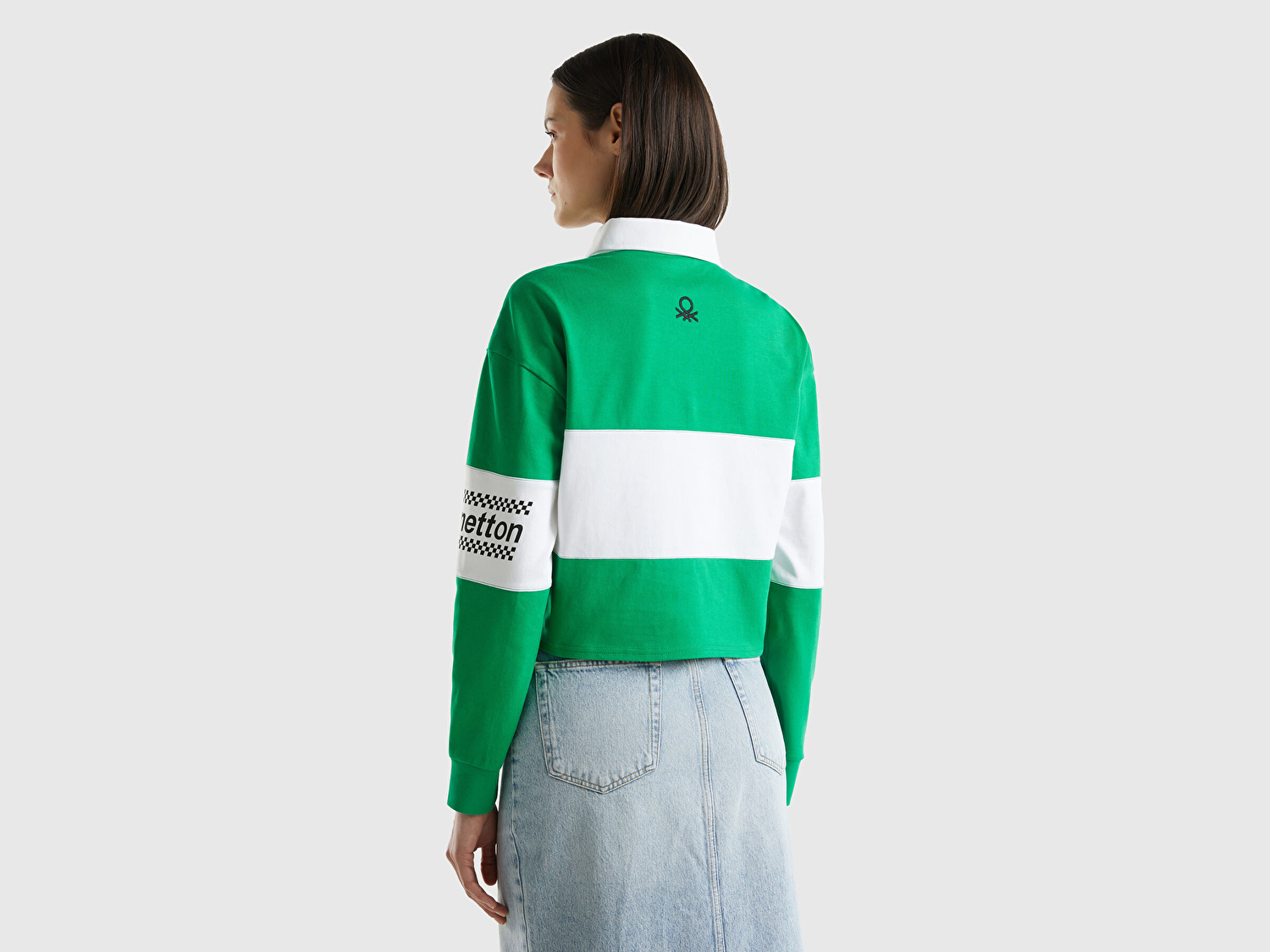 Benetton Kadın Yeşil %100 Pamuk Logo Baskılı Renk Bloklu Polo Yaka Crop Sweatshirt