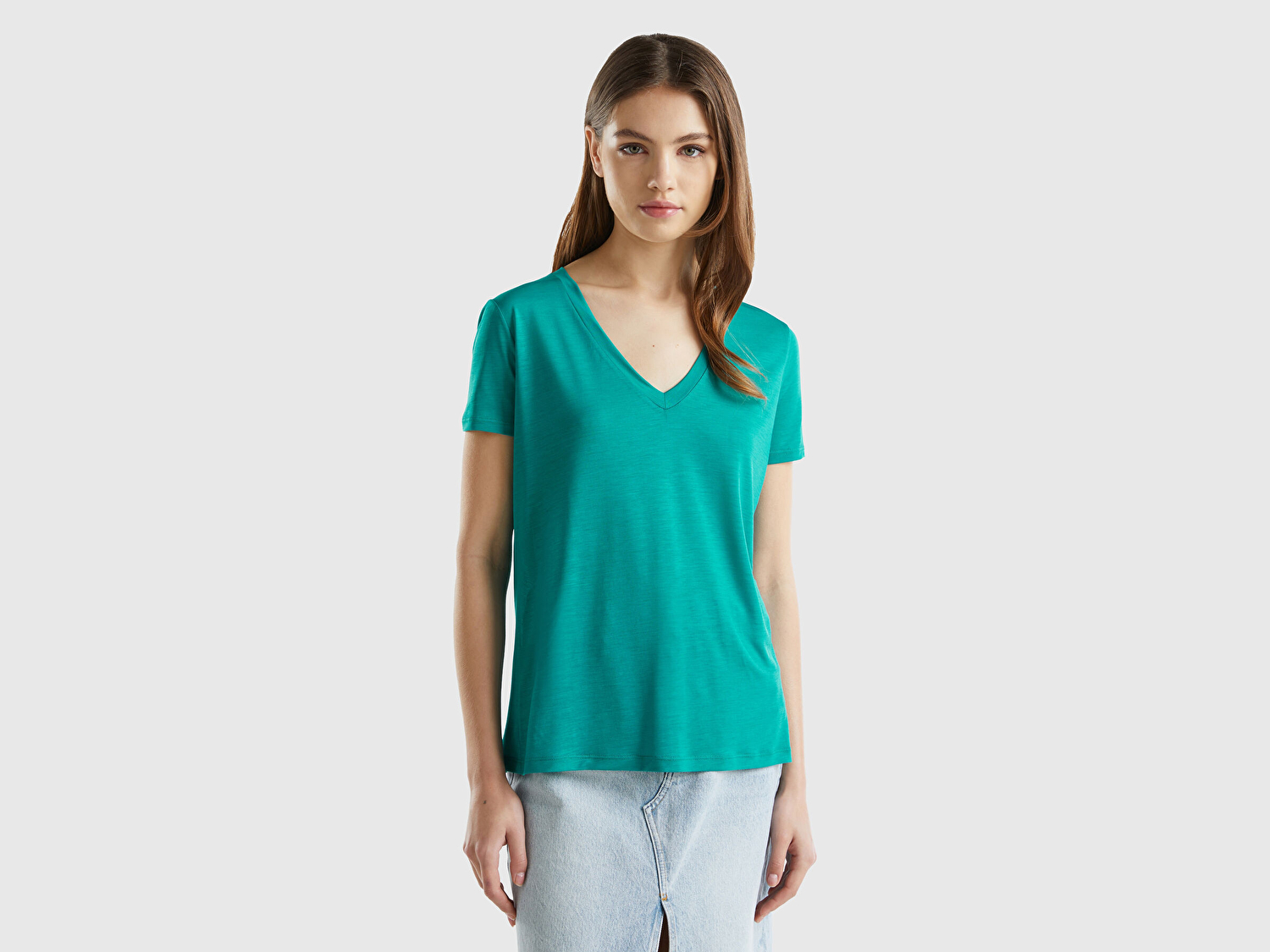 Benetton Kadın Petrol Yeşili %100 Liyosel V Yaka T-Shirt