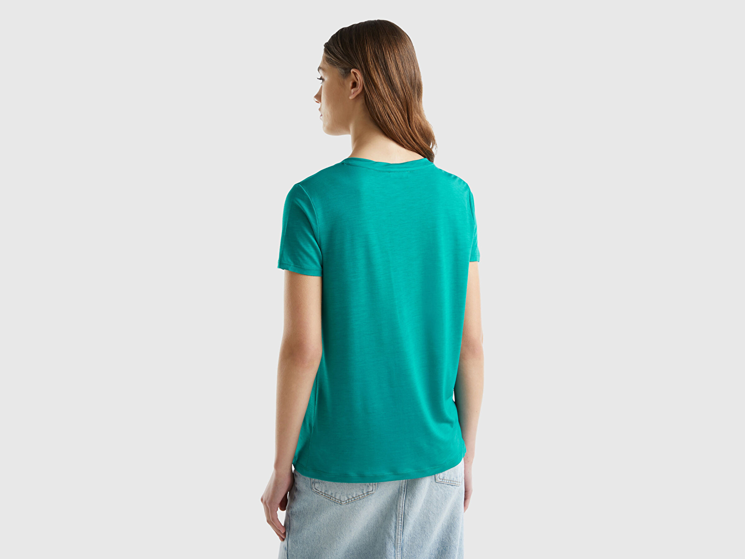 Benetton Kadın Petrol Yeşili %100 Liyosel V Yaka T-Shirt