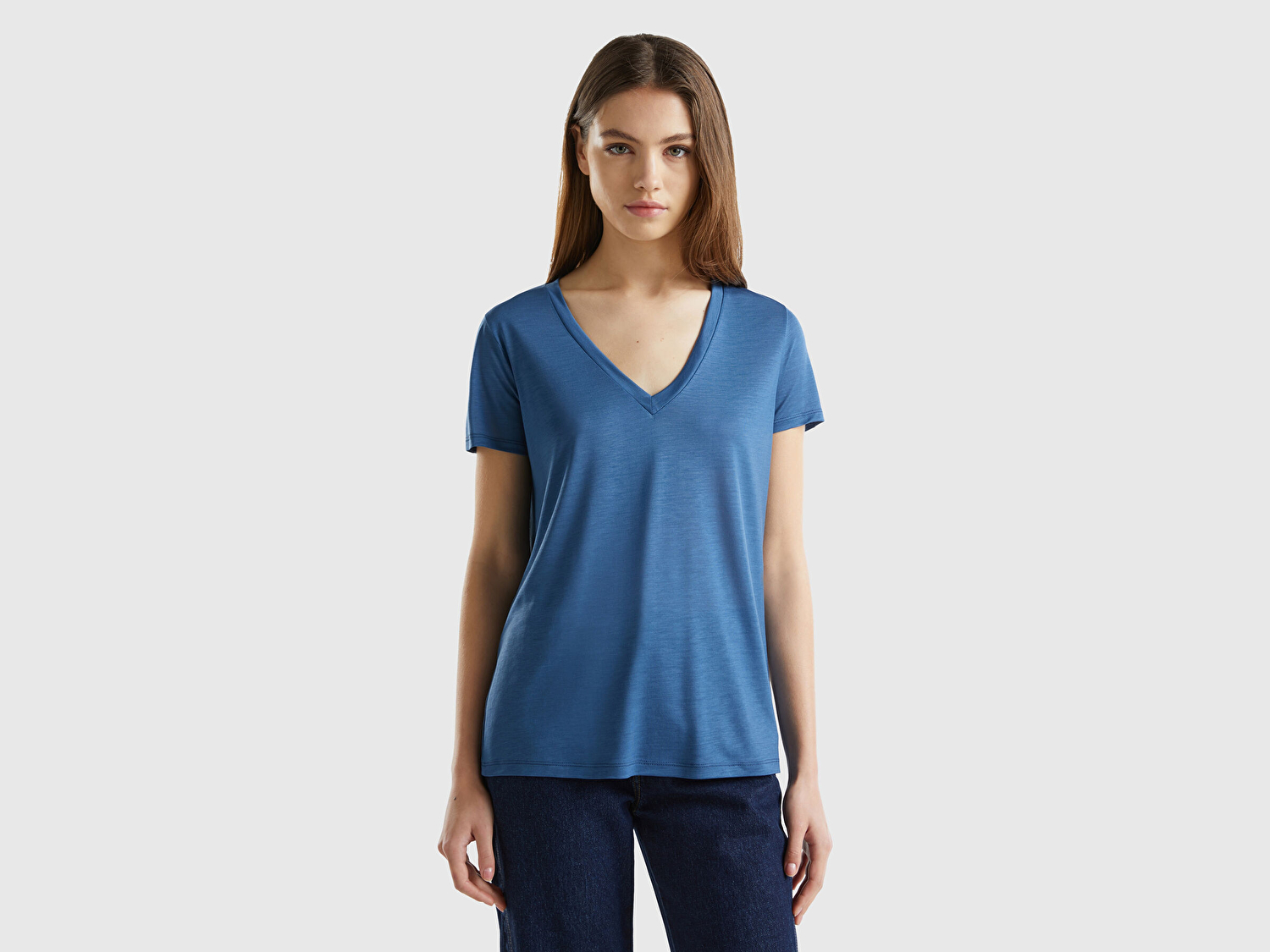 Benetton Kadın Gece Mavisi %100 Liyosel V Yaka T-Shirt
