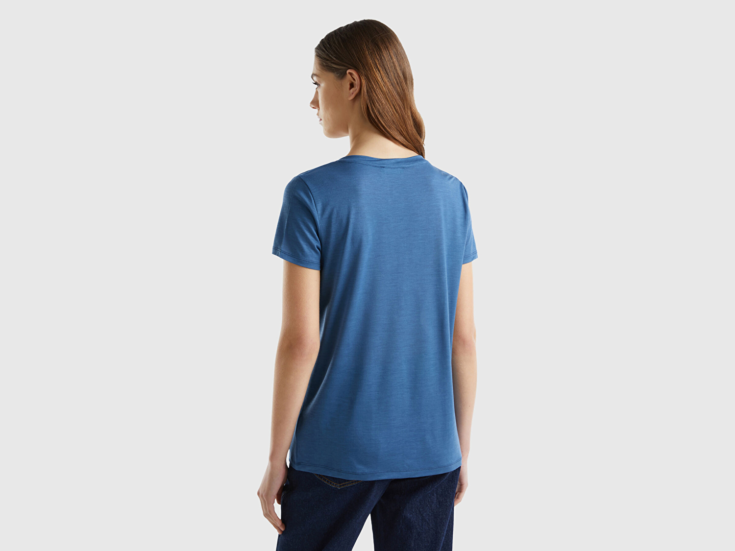 Benetton Kadın Gece Mavisi %100 Liyosel V Yaka T-Shirt
