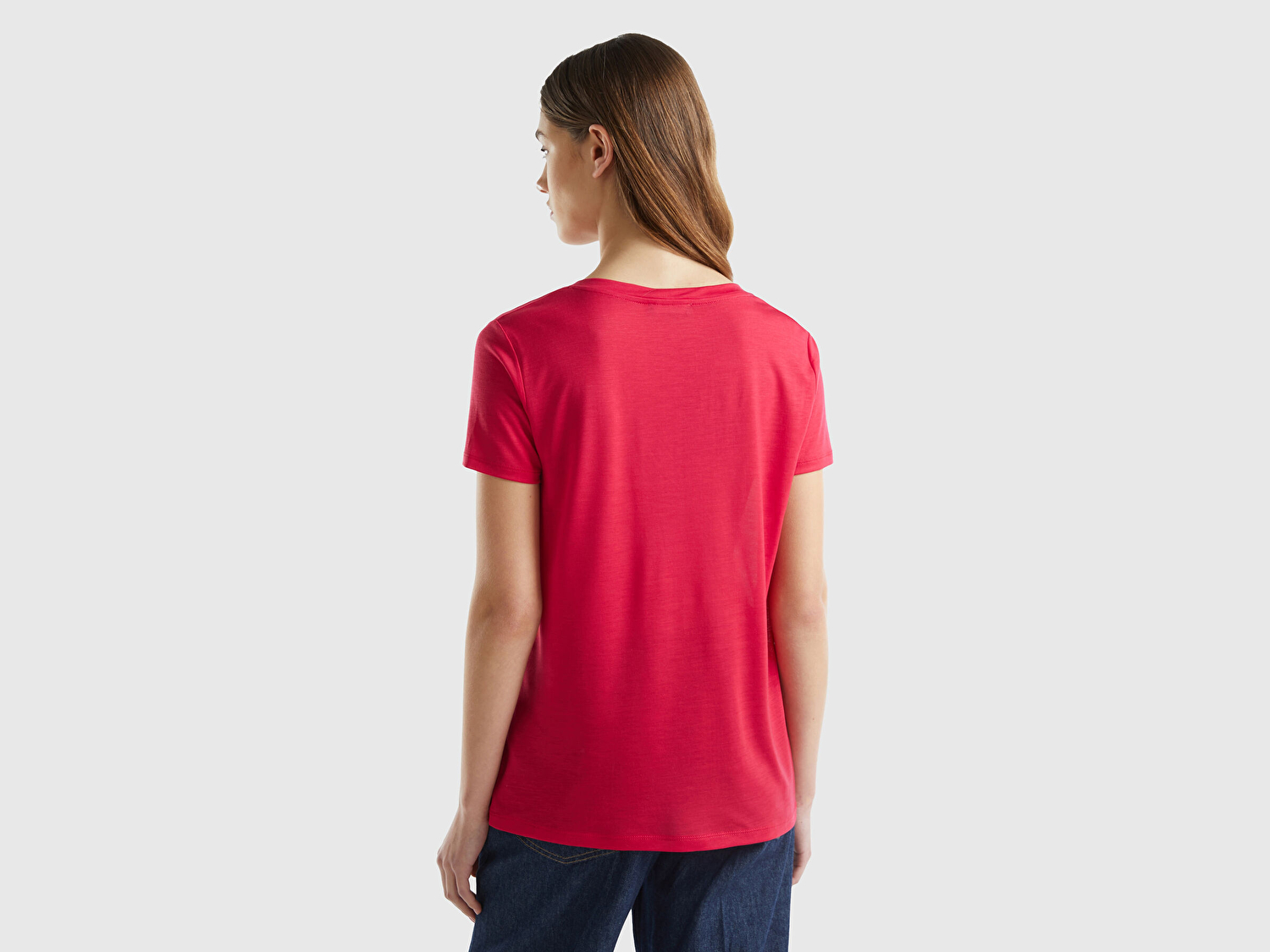 Benetton Kadın Vişne %100 Liyosel V Yaka T-Shirt