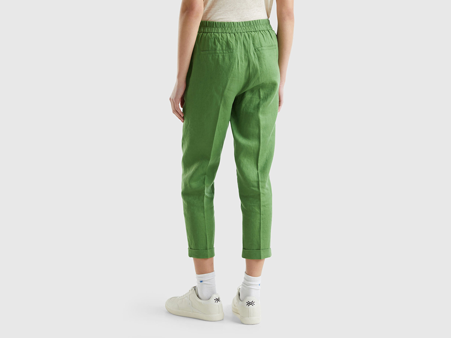 Benetton Kadın Soluk Yeşil %100 Keten Beli Lastikli Pantolon