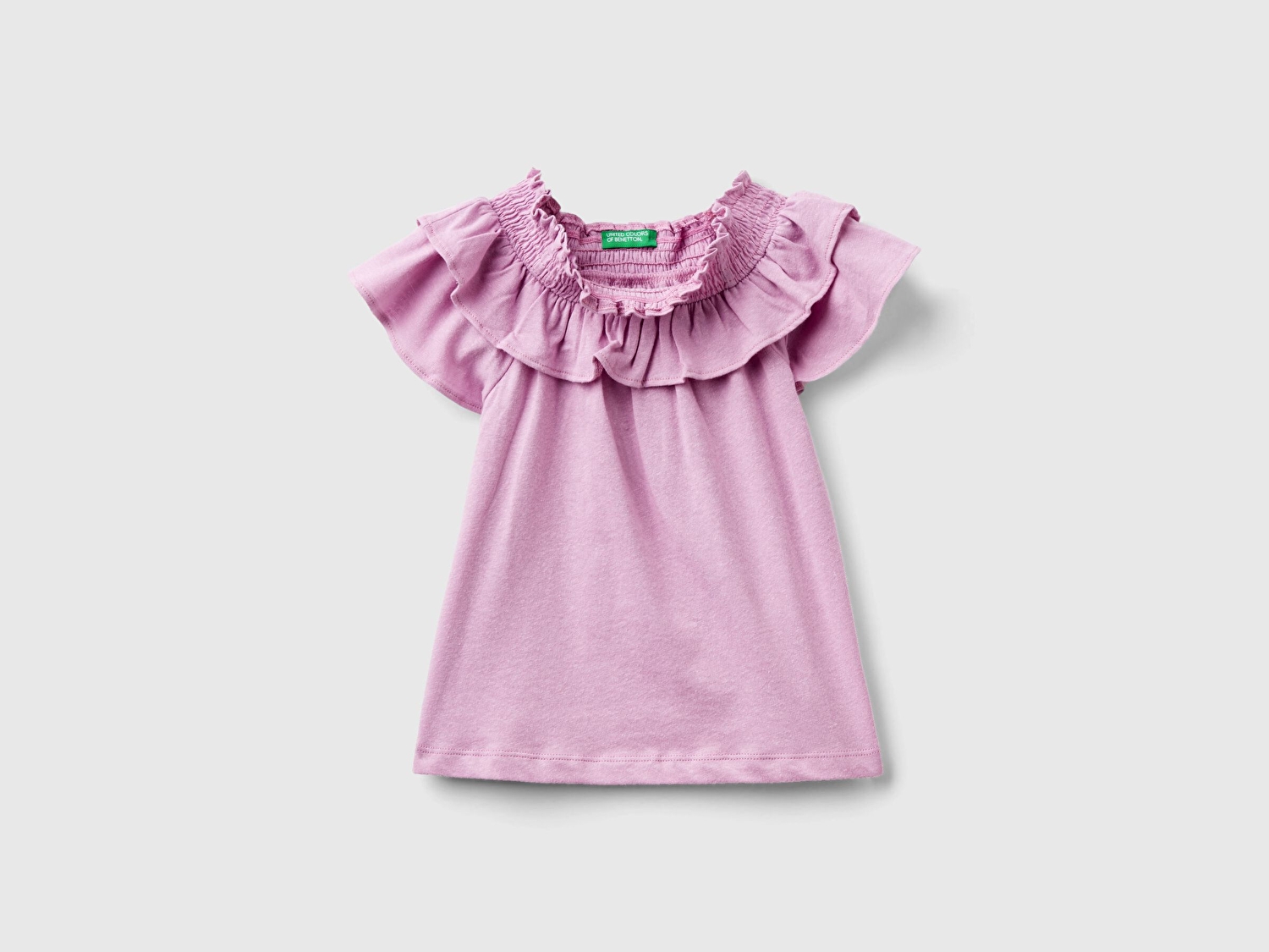 Benetton Kız Çocuk Pembe Fırfırlı Kayık Yaka Rahat Kesim T-Shirt