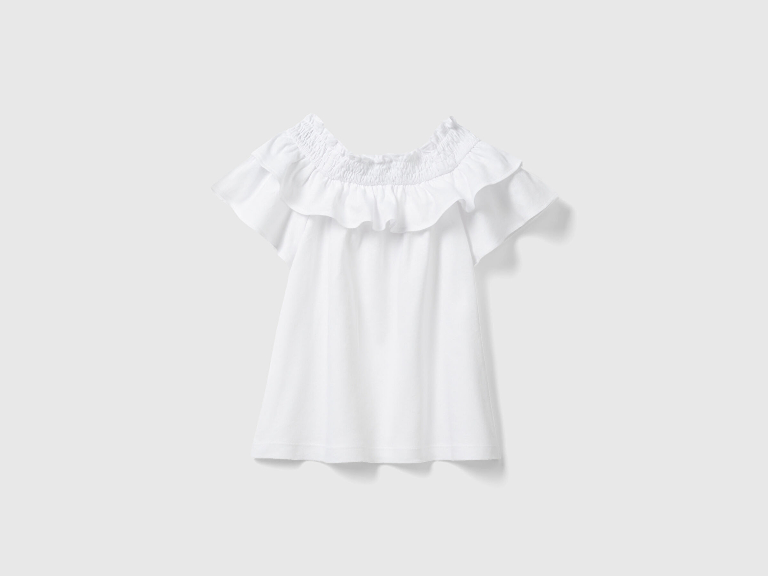 Benetton Kız Çocuk Beyaz Fırfırlı Kayık Yaka Rahat Kesim T-Shirt