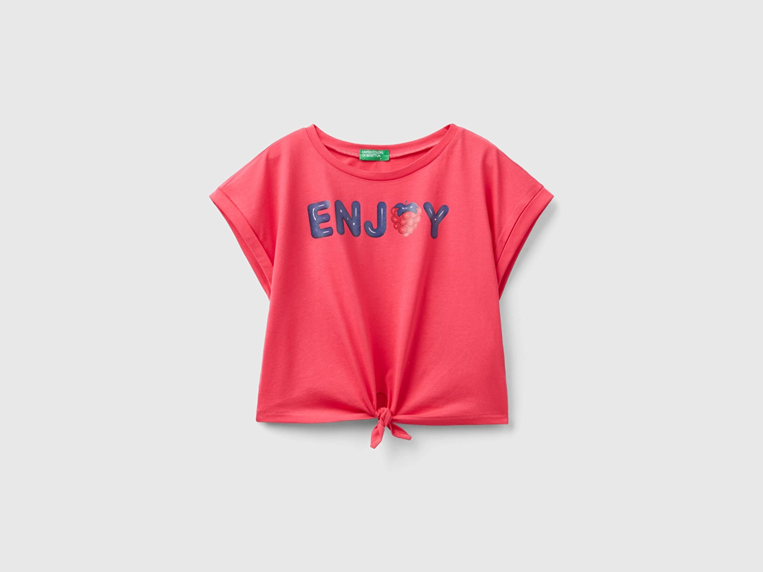 Benetton Kız Çocuk Fuşya Önü Slogan Baskılı Fiyonk Detaylı Bisiklet Yaka Crop T-Shirt