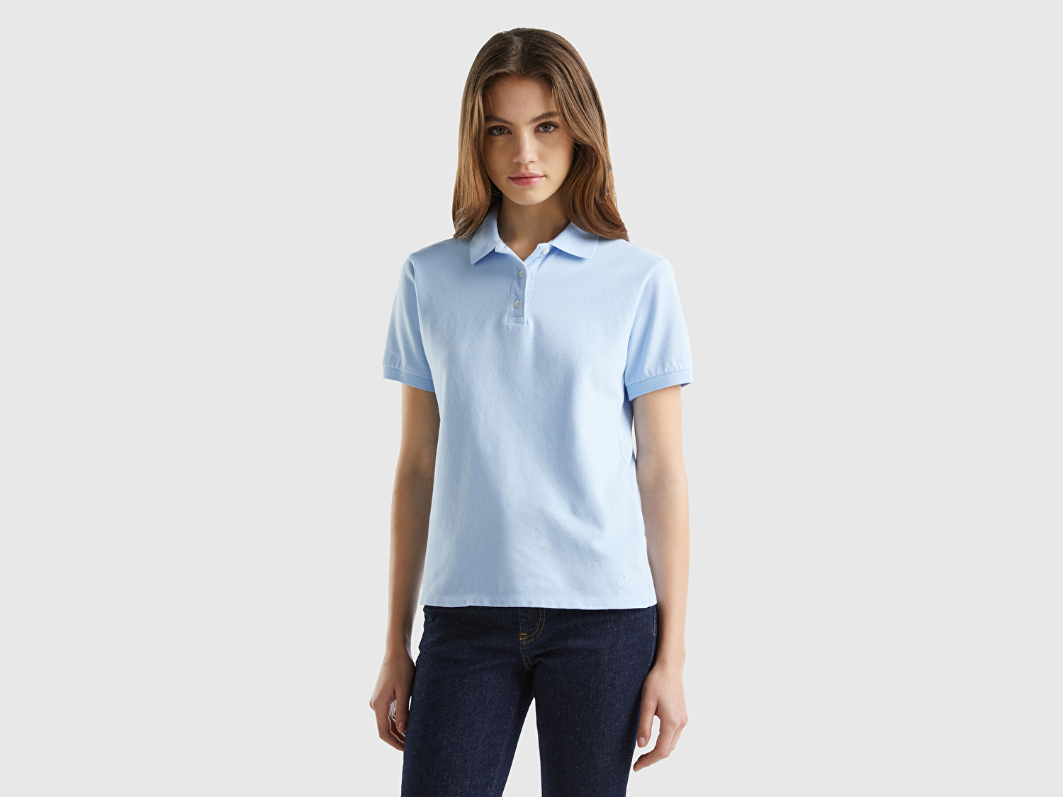 Benetton Kadın Açık Mavi Streç Pamuklu Sol Altı Logo Baskılı Polo T-Shirt