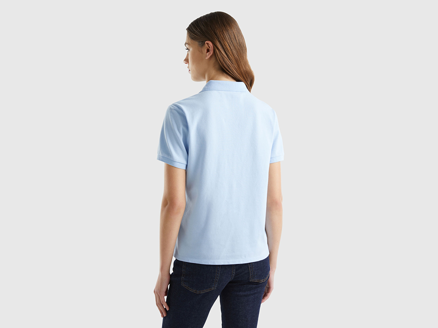 Benetton Kadın Açık Mavi Streç Pamuklu Sol Altı Logo Baskılı Polo T-Shirt