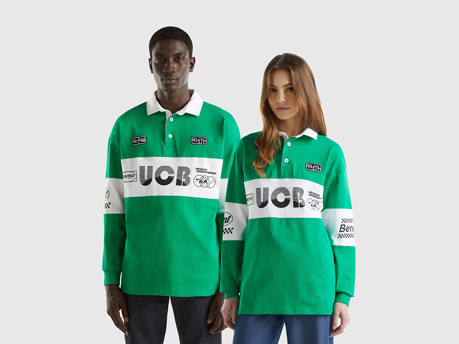 Benetton Unisex Yeşil %100 Pamuk Logo Baskılı Polo Yaka Sweatshirt