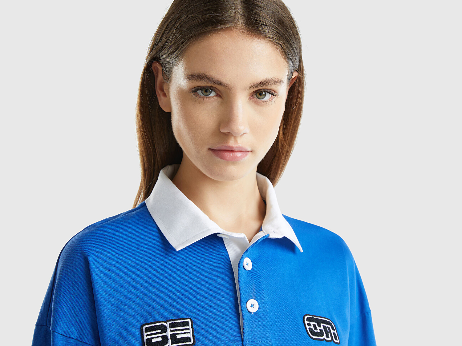 Benetton Unisex Saks Mavi %100 Pamuk Logo Baskılı Polo Yaka Sweatshirt
