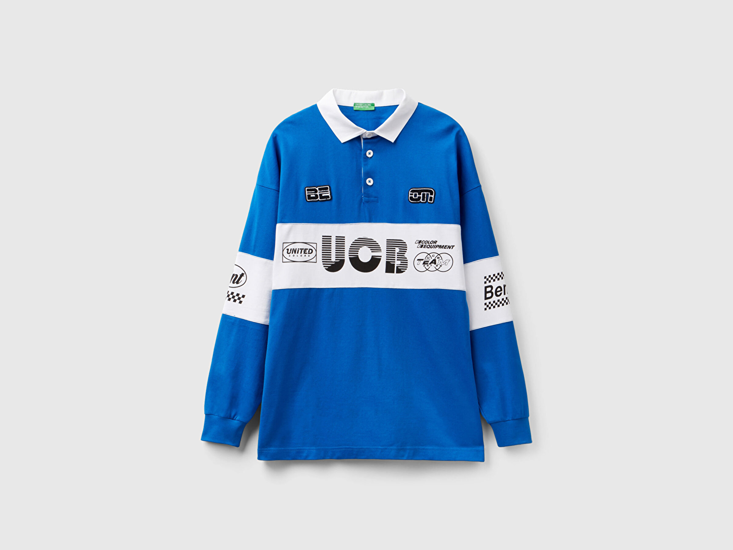 Benetton Unisex Saks Mavi %100 Pamuk Logo Baskılı Polo Yaka Sweatshirt