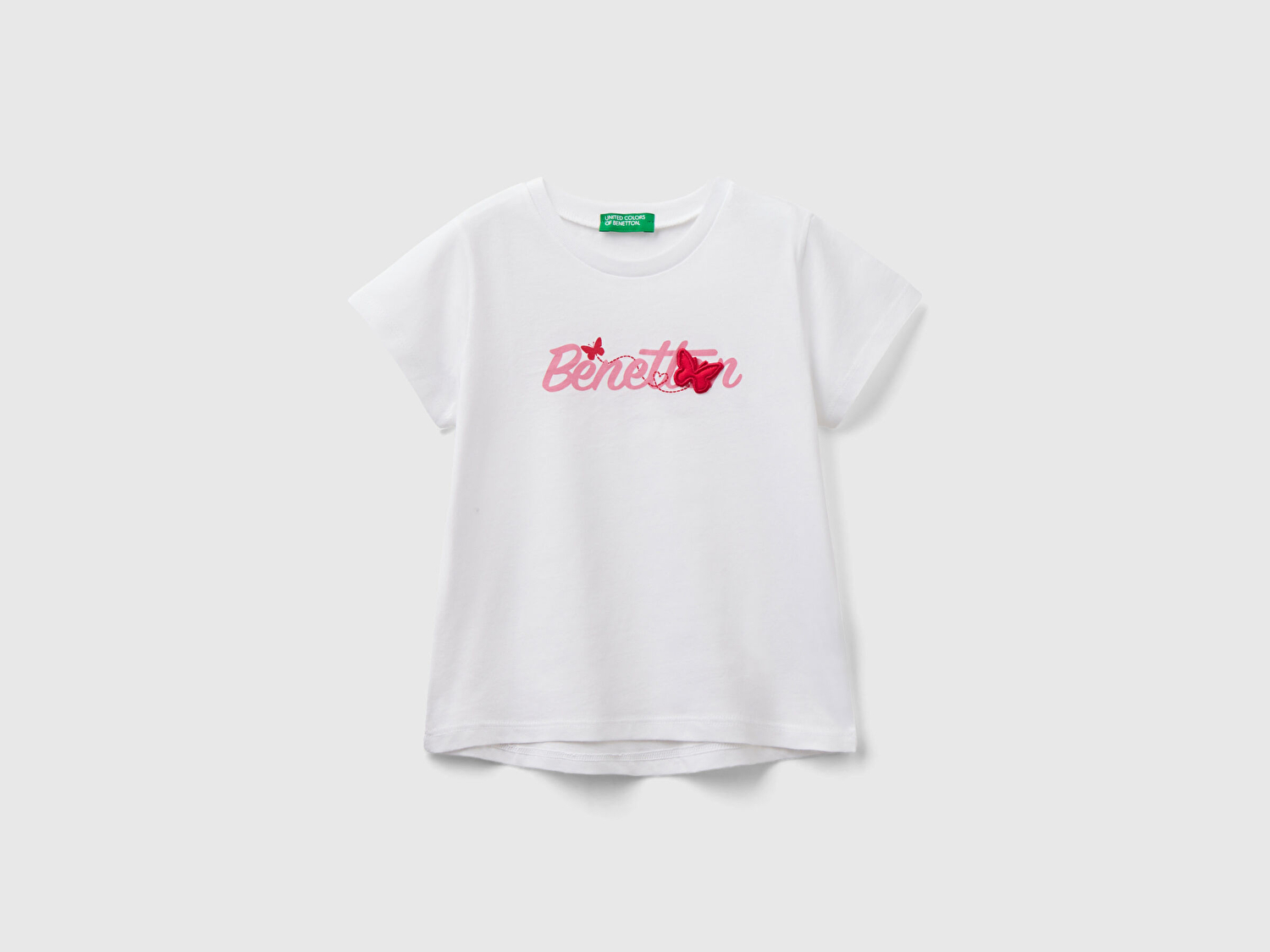 Benetton Kız Çocuk Beyaz Su Baskılı Logolu ve Aplikeli  Yaz T-Shirt
