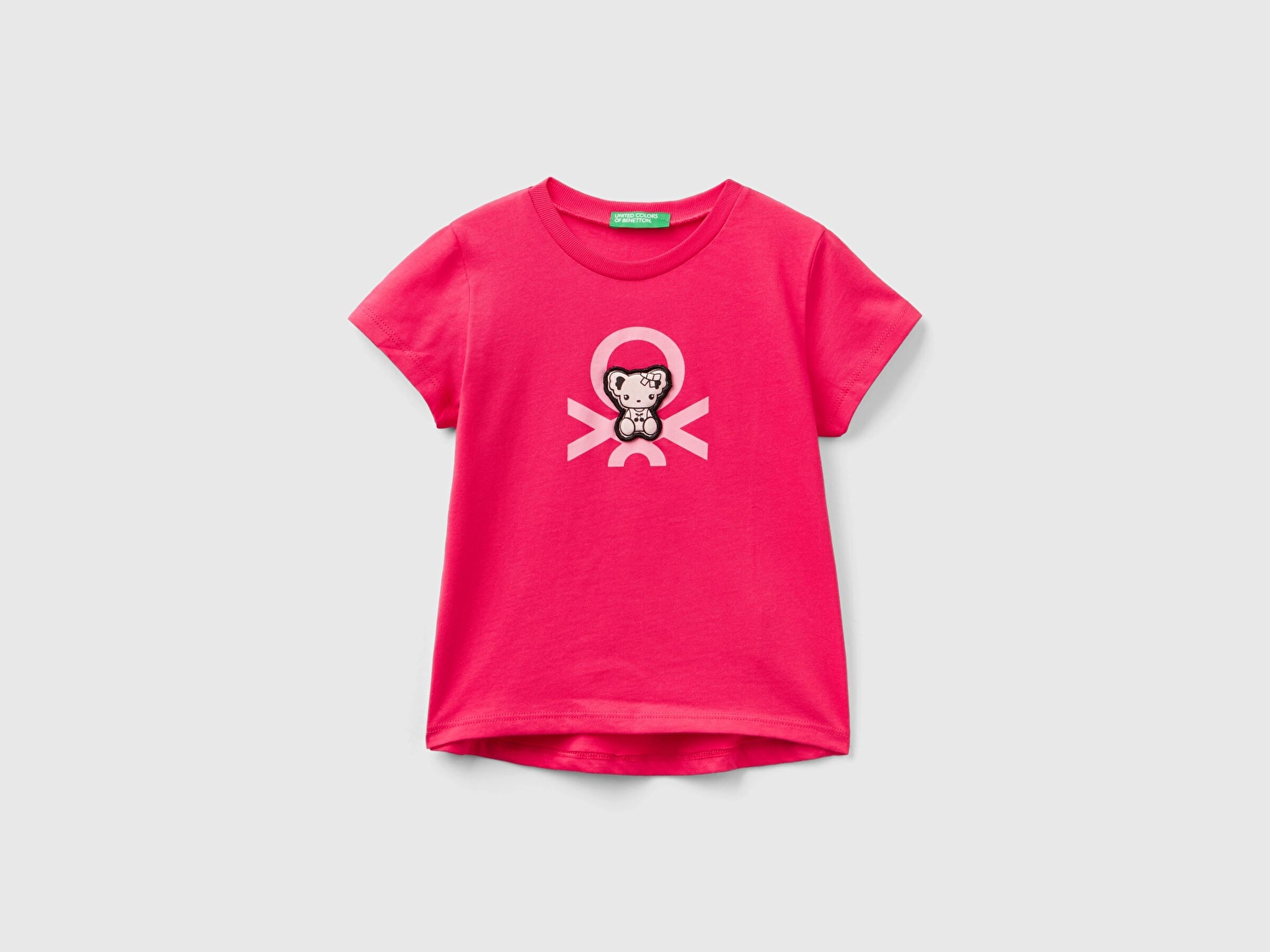 Benetton Kız Çocuk Fuşya Su Baskılı Logolu ve Aplikeli  Yaz T-Shirt