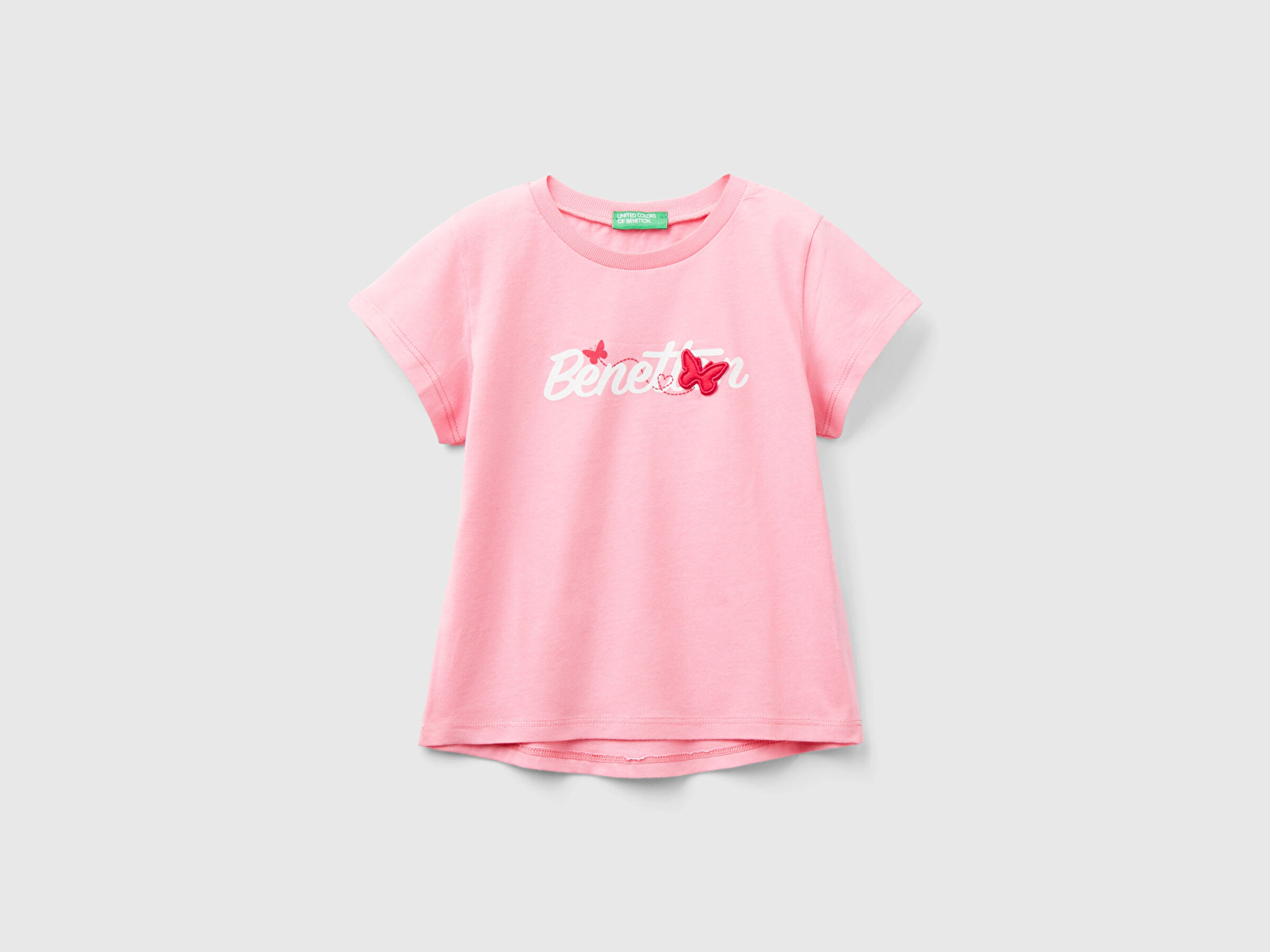 Benetton Kız Çocuk Pembe Su Baskılı Logolu ve Aplikeli  Yaz T-Shirt