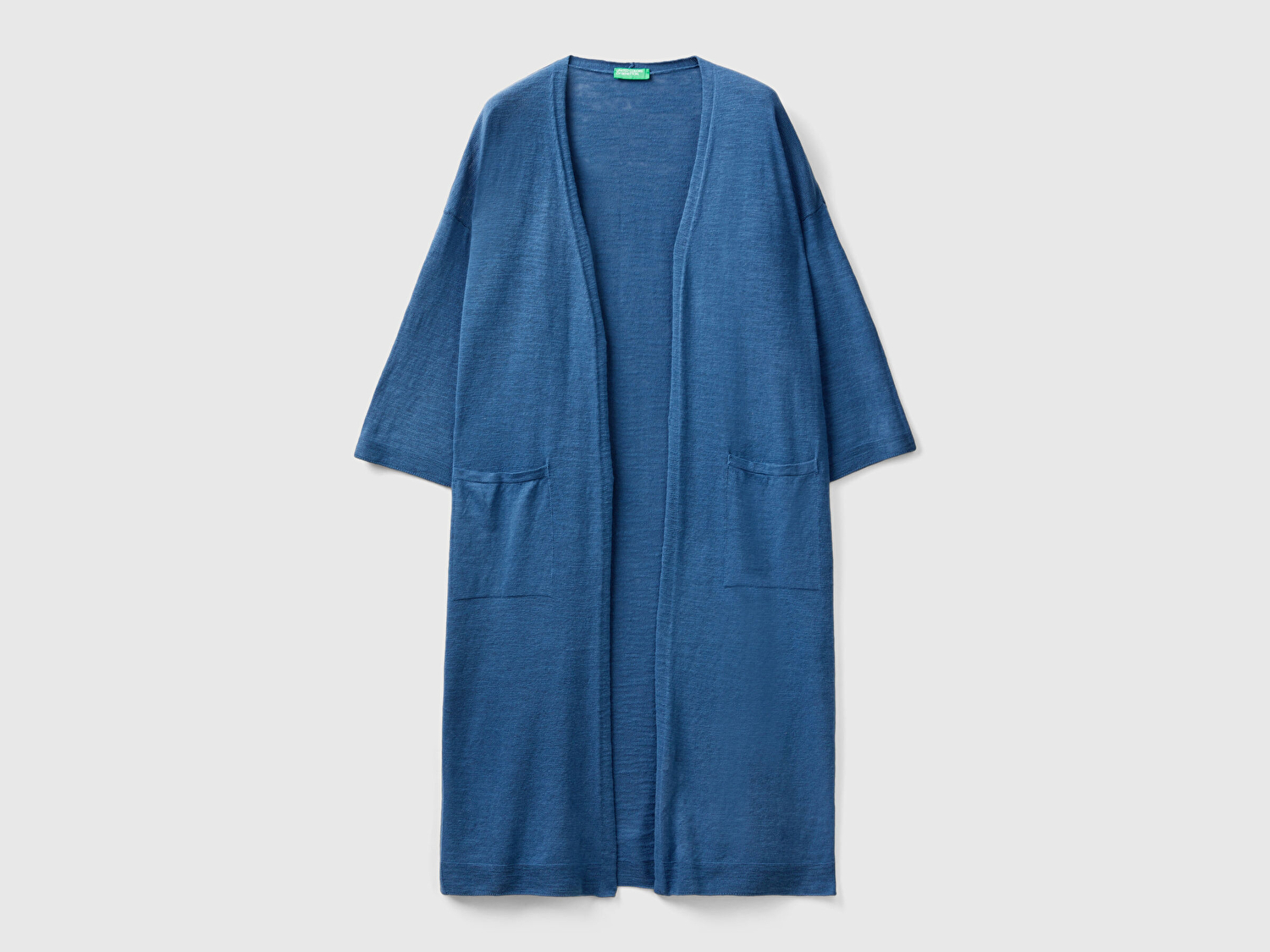 Benetton Kadın Gece Mavisi Pamuk Keten Karışımlı Yırtmaçlı Uzun Hırka