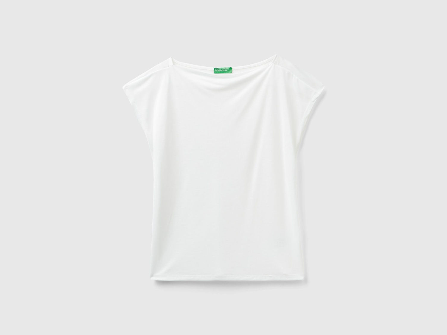 Benetton Kadın Beyaz %100 Liyosel Kimono Kollu Kayık Yaka T-Shirt