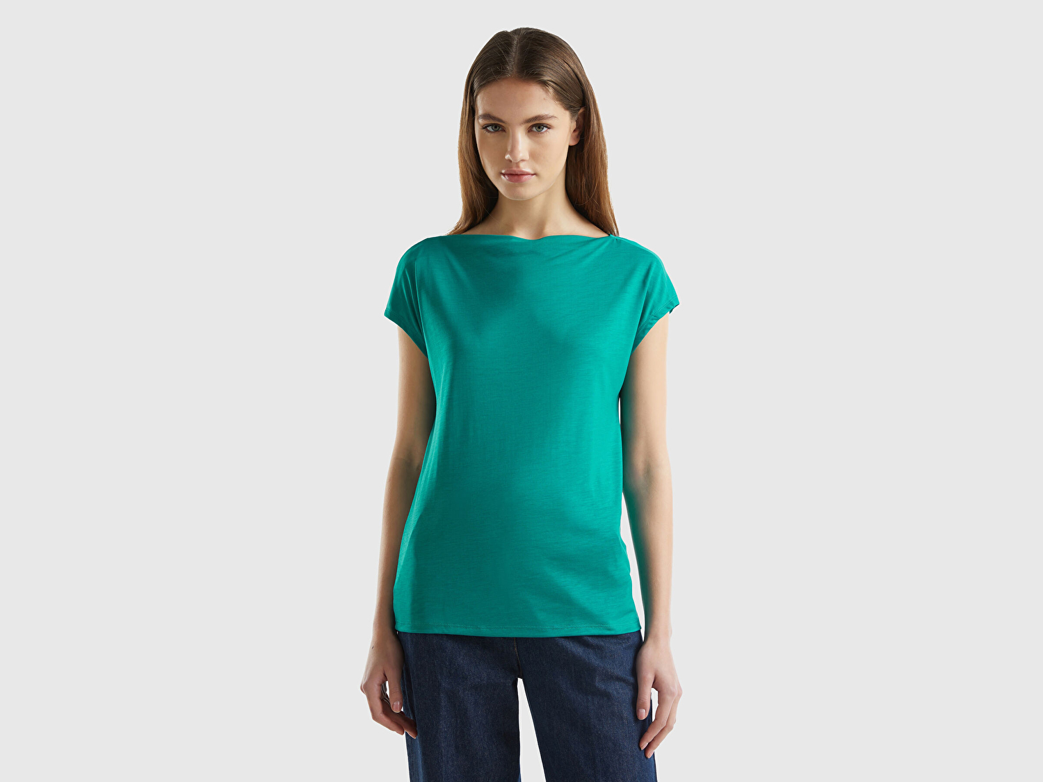 Benetton Kadın Petrol Yeşili %100 Liyosel Kimono Kollu Kayık Yaka T-Shirt