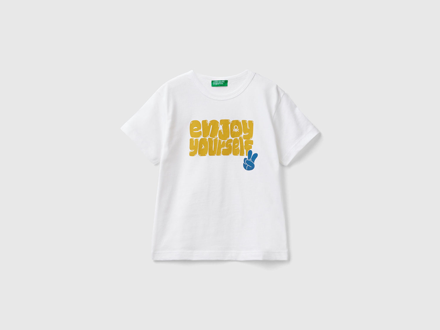 Benetton Erkek Çocuk Beyaz Su Baskılı Yazılı Bisiklet Yaka T-Shirt