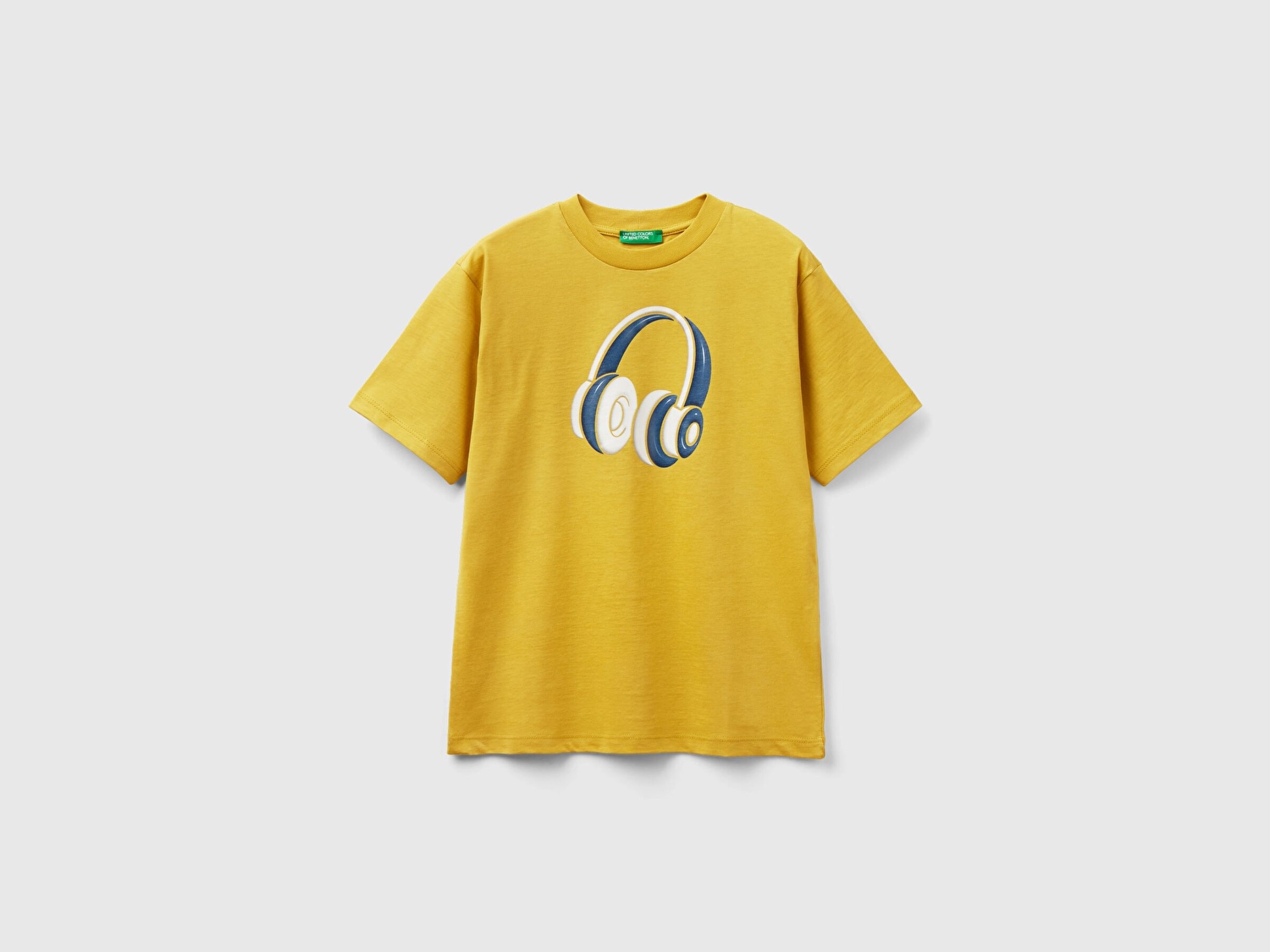 Benetton Erkek Çocuk Hardal Sarı Önü Baskılı Arkası Logo Detaylı Bisiklet Yaka T-Shirt