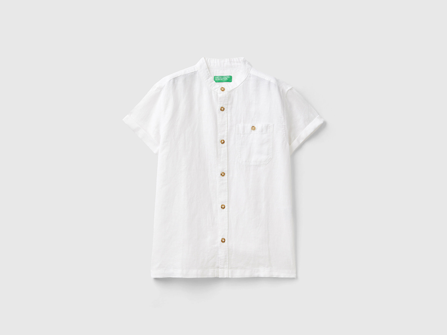 Benetton Erkek Çocuk Beyaz Keten Karışımlı Logo İşlemeli Hakim Yaka Kısa Kollu Gömlek