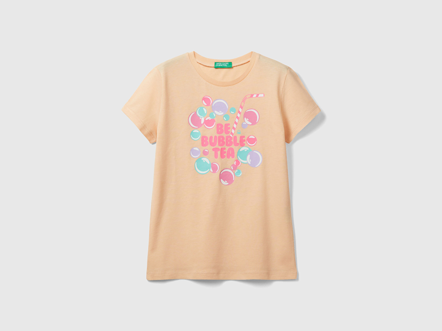 Benetton Kız Çocuk Şeftali Slogan Baskılı T-Shirt