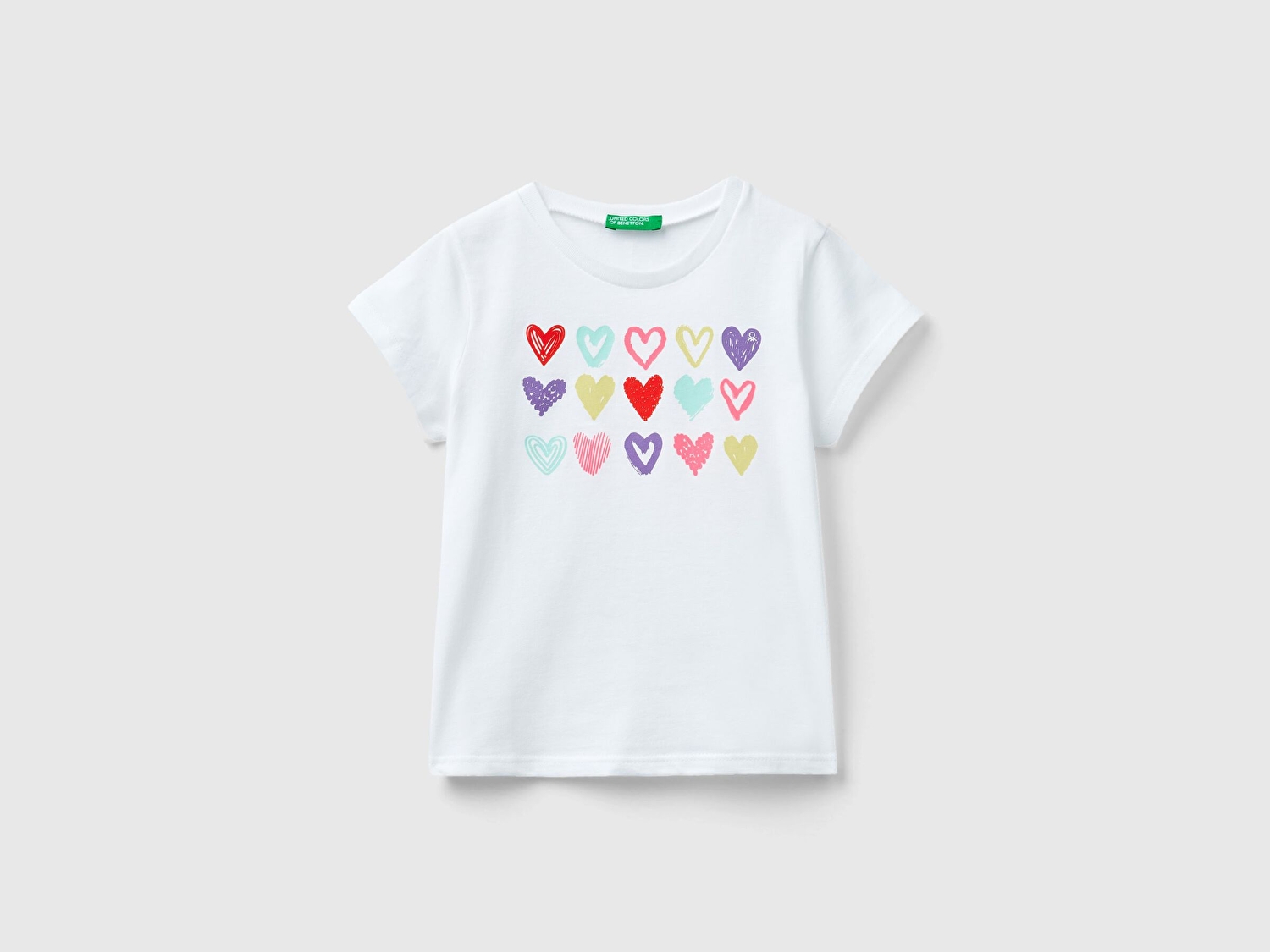Benetton Kız Çocuk Beyaz Önü Çok Renkli Grafik Baskılı Dikişli Bisiklet Yaka T-Shirt