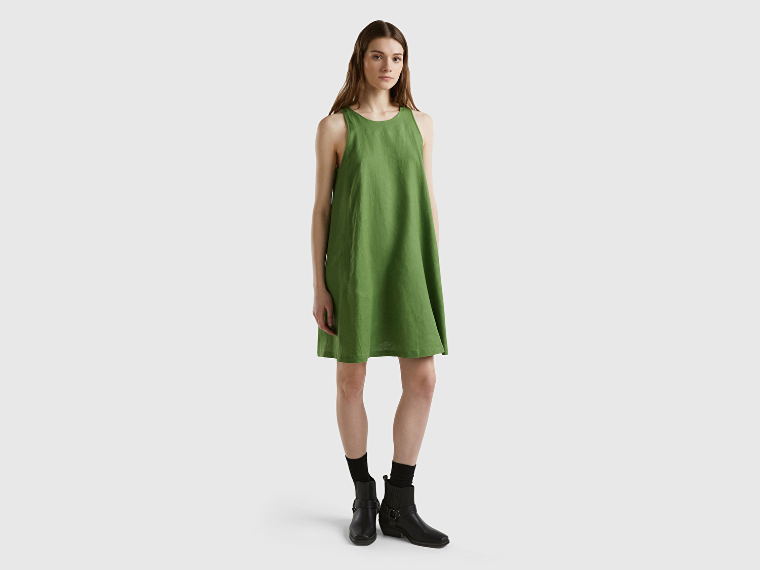 Benetton Kadın Soluk Yeşil %100 Keten Kolsuz Elbise