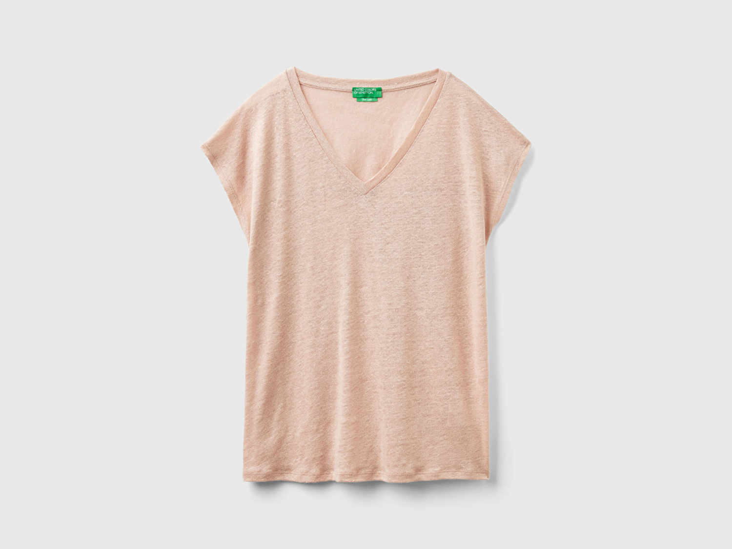 Benetton Kadın Pudra %100 Keten Rahat Kalıp Derin V Yaka Kolsuz T-Shirt