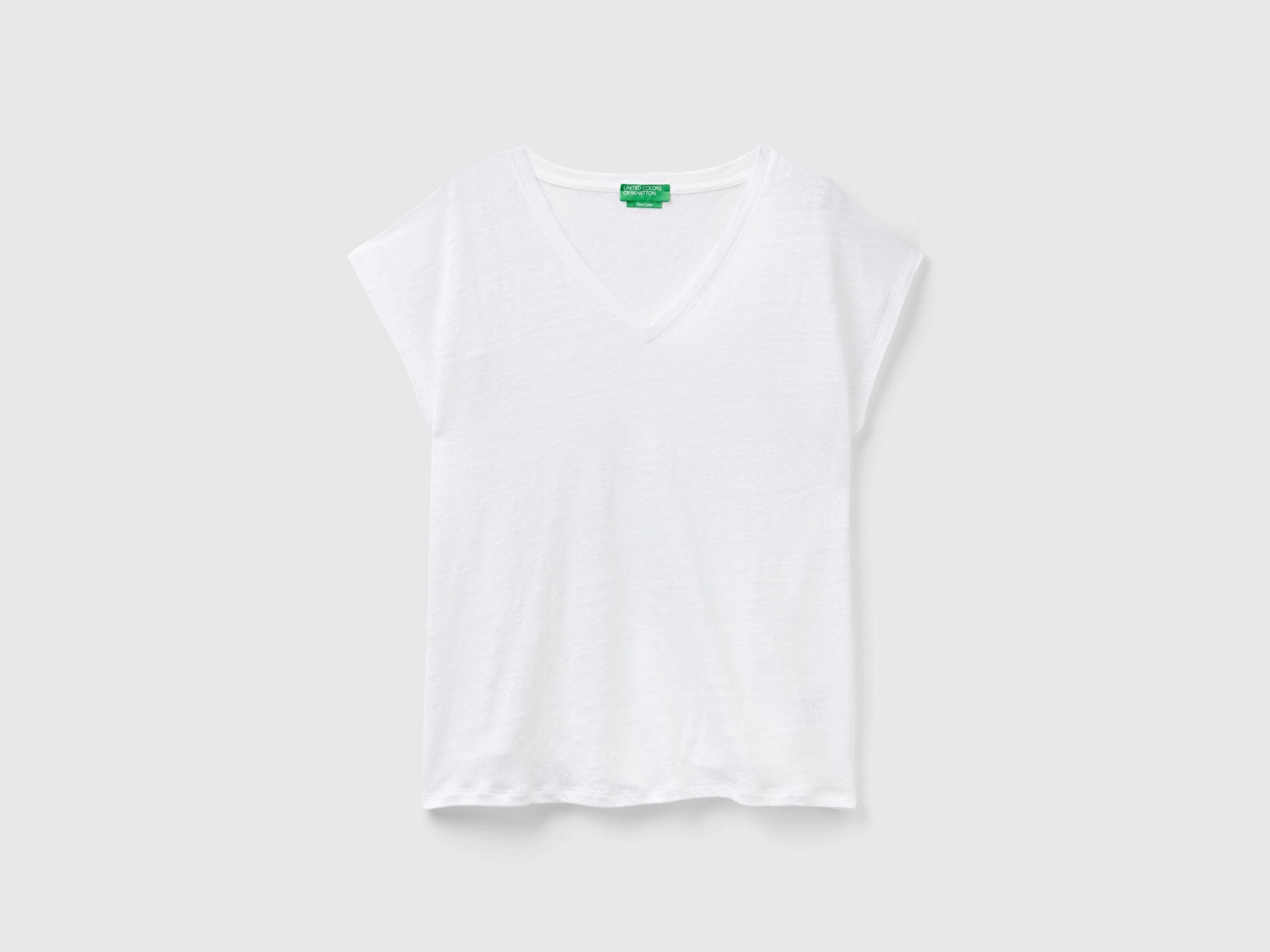 Benetton Kadın Beyaz %100 Keten Rahat Kalıp Derin V Yaka Kolsuz T-Shirt